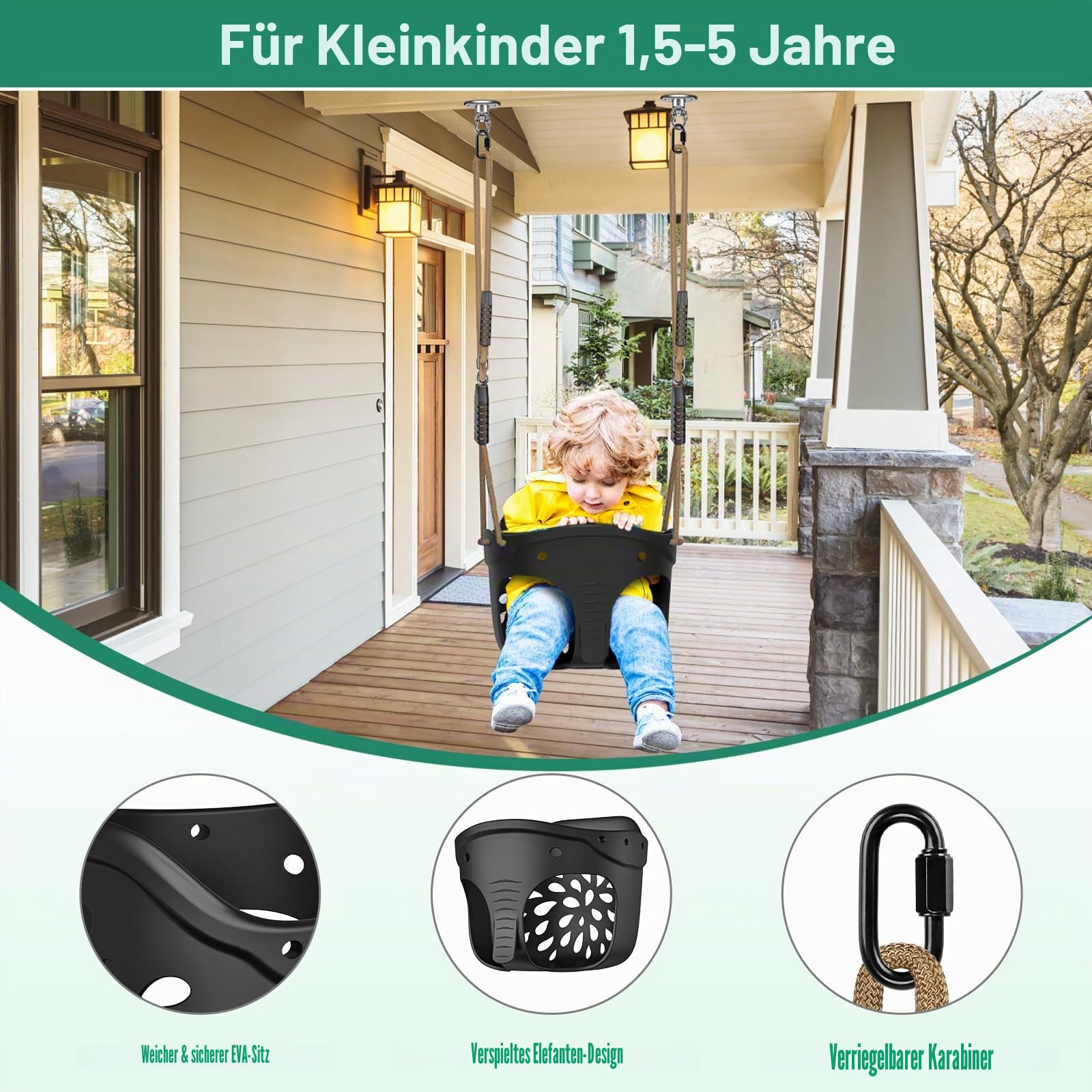 SELEWARE Schaukel Outdoor Kinder Schaukelsitz Set - Indoor Erwachsene Swing Babyschaukel Schwarz Garten Kinderschaukel Höhenverstellbar Schaukeln mit rutschfest Verstellbare Seil Schaukelbrett