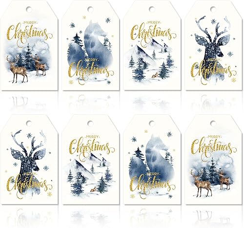 AnyDesign - 120 etiquetas de regalo de papel de Navidad de acuarela azul con alce para árbol de Navidad, etiquetas colgantes con cuerdas de cáñamo,