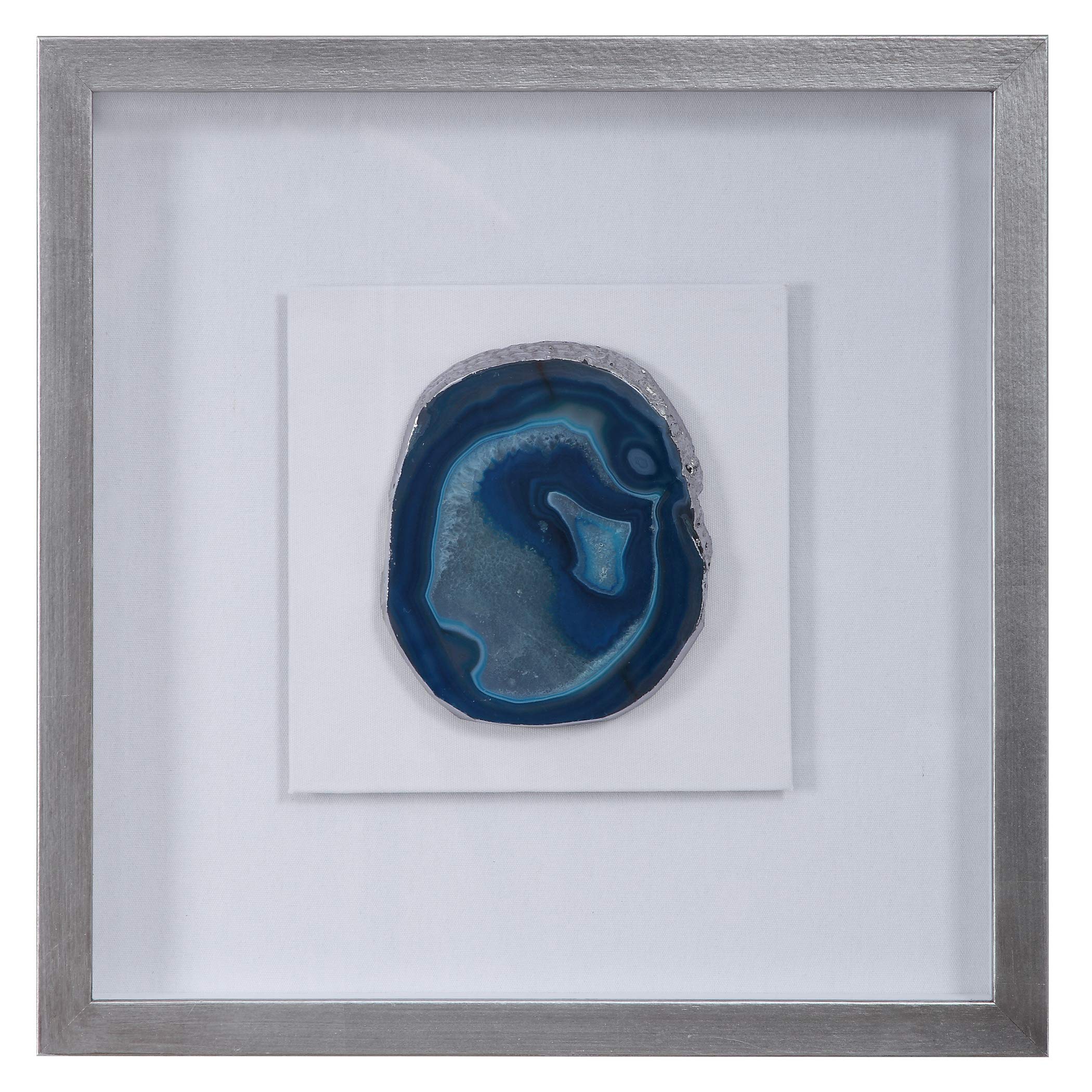MY SWANKY HOME Luxe Blue Natural Agate Stone Slice Shadow Box Wall Art White Silver Frame