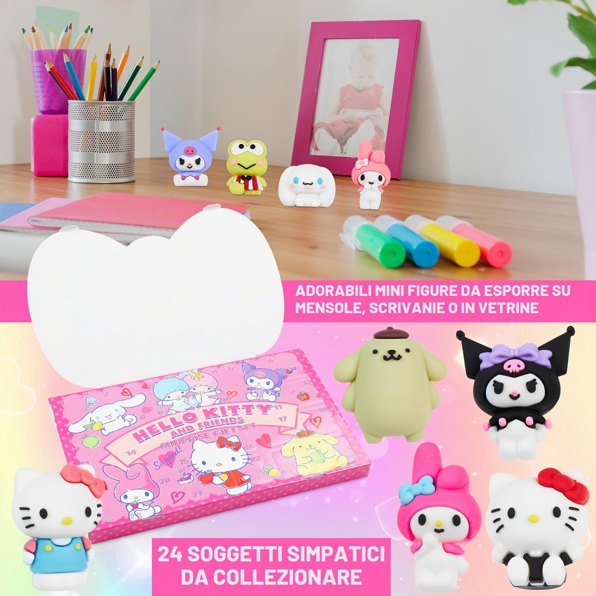 Hello Kitty Sanrio 3D Statuine Miniatura 24 Pz, Kuromi Cinnamoroll My Melody Collezione Anime Figure, Decorazione Scrivania Tavolo, Regali per Lei (Rosa 24 Pz)