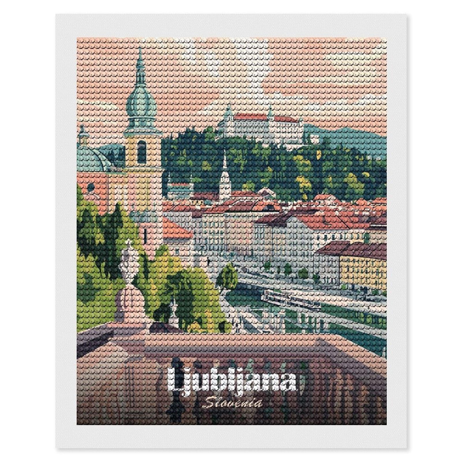Junmoney Ljubljana, Slovenia Cityscape Illustration(2) Diamond Painting Set 16"x20", Modern Decor, for Beginners, Printed Canvas, Thoughtful Handmade Gift, with Tool Kit