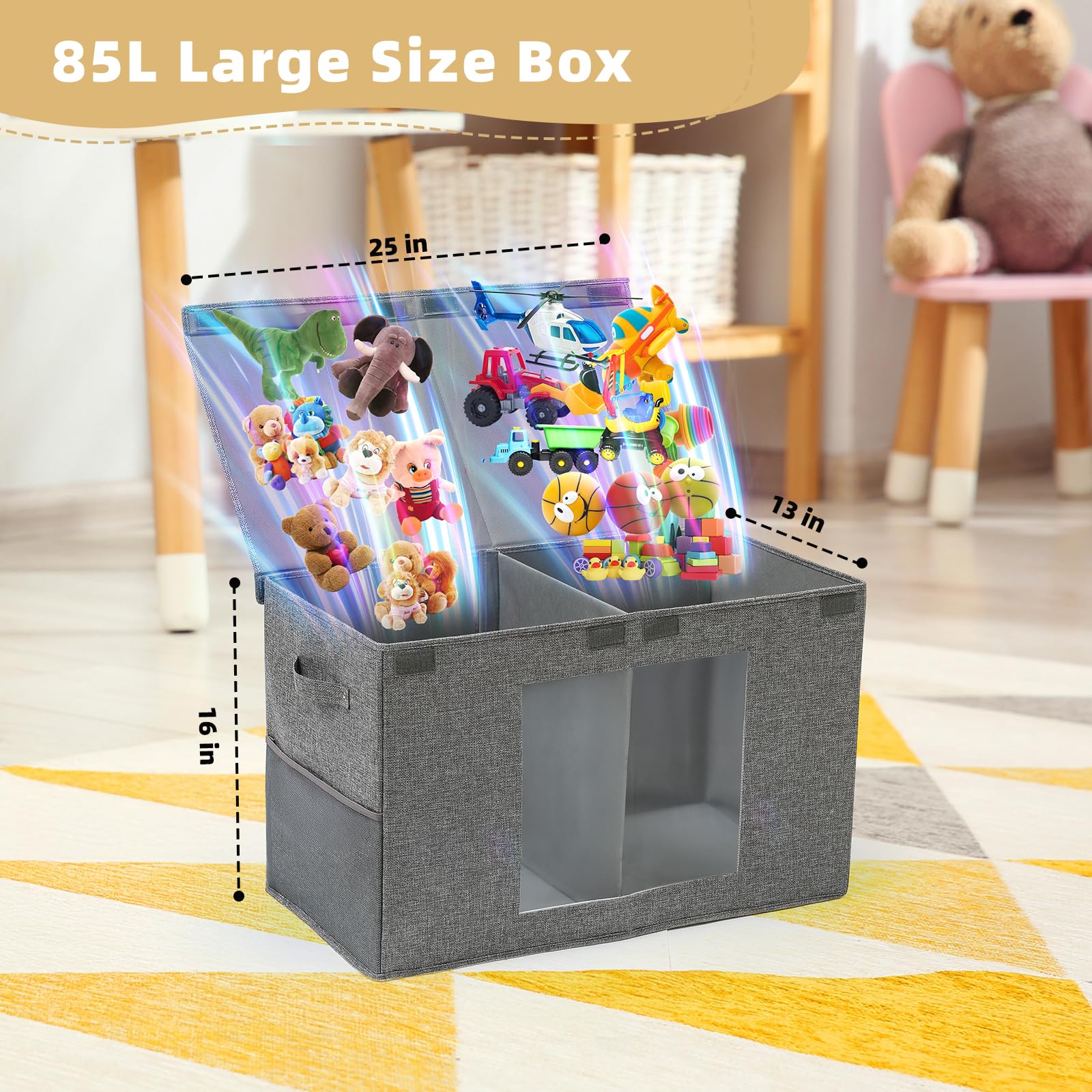 NETANY Clear Window Toy Box & Toy Chest with Lid - Large Toy Storage Organizer, CollapsibleToy Bin with Mesh Pockets for Boys, Girls, Playroom,Living Room Area Organization 25