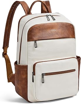 Leather Laptop Backpack for Women 15.6 Inch Laptop Travel Backpack Purse Casual Daypack with Laptop Compartment for College Work Nurse Business Weekender, Beige Brown
