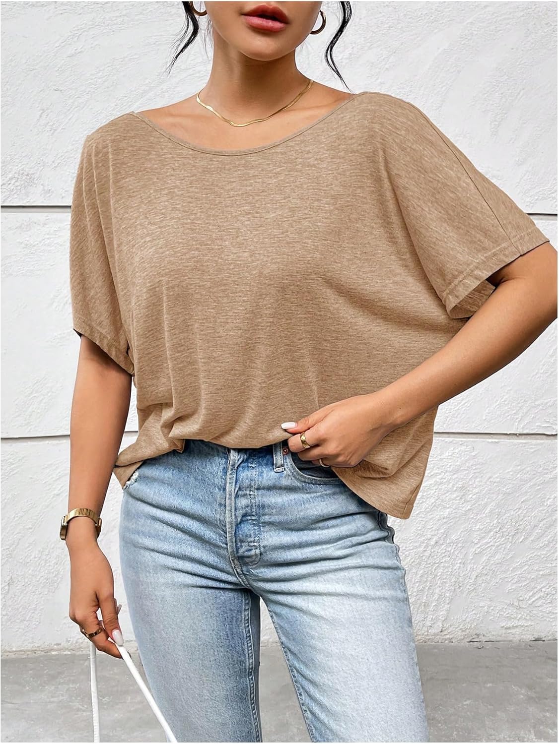 Women's Backless Twist Knot T Shirt Oversized Solid Short Sleeve Tees Open Back Asymmetrical Hem Casual Tops - Image 2