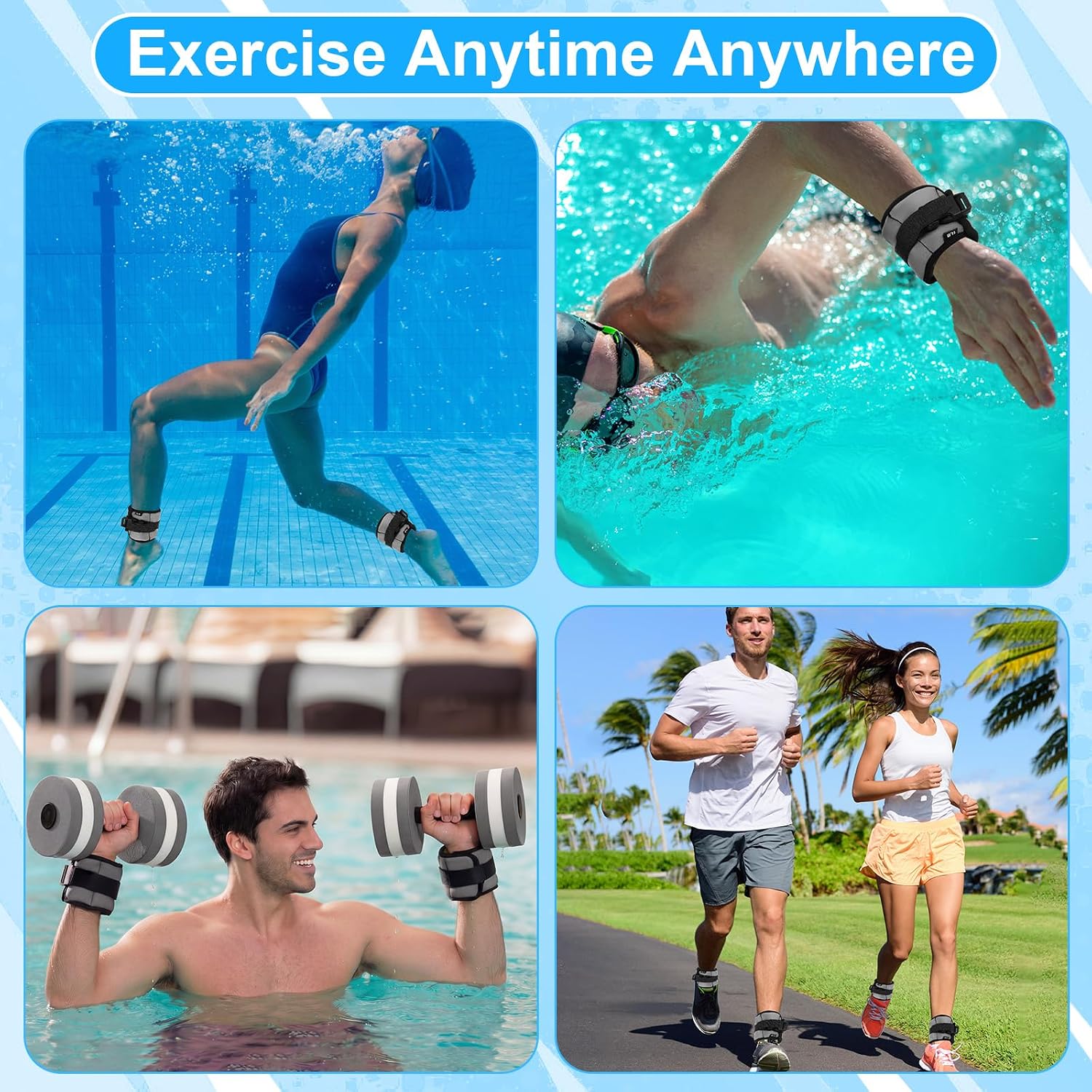 Hollowfly Water Aerobics Set, 4 Piece Pool Exercise Kit (2 Aquatic Dumbbells + 2 Ankle/wrist Weights), EVA Foam, Low-impact Workout