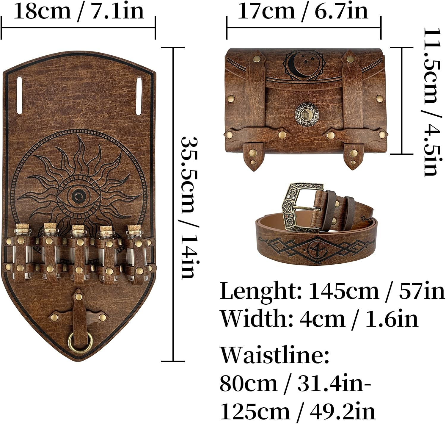 HiiFeuer 3PCs Medieval Alchemy Faux Leather Belt Bag Set with 5 Cork Potion Vials, Fantasy Embossed Wizard Belt (Brown A) - Image 6
