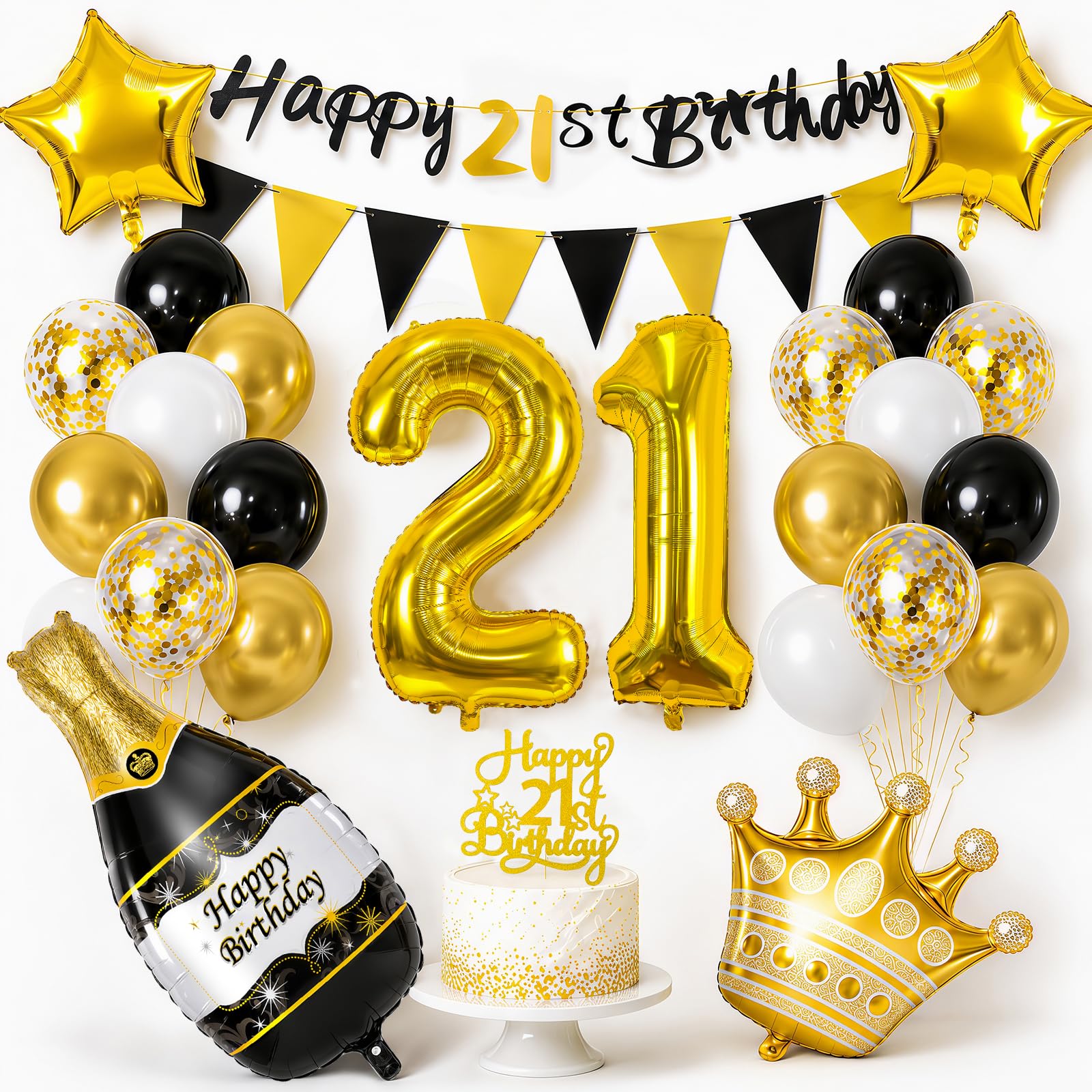 YianHien 21st Birthday Decorations for Him, Number 21 Balloons, Happy 21st Birthday Banner, Birthday Bunting, Cake Topper, Champagne, Crown & Star Foil Balloons & Party Balloons