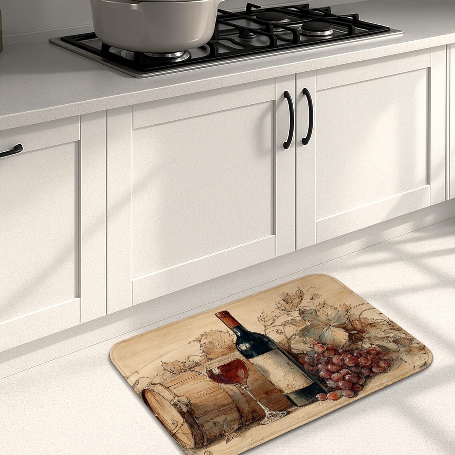 Wine Themed Kitchen Mats for Floor, Vintage Grapes and Bottles Design Soft Mats, Cushioned Comfort Washable Non Slip Decor Rugs for Kitchen Sinks Laundryroom Bathroom 3Pcs