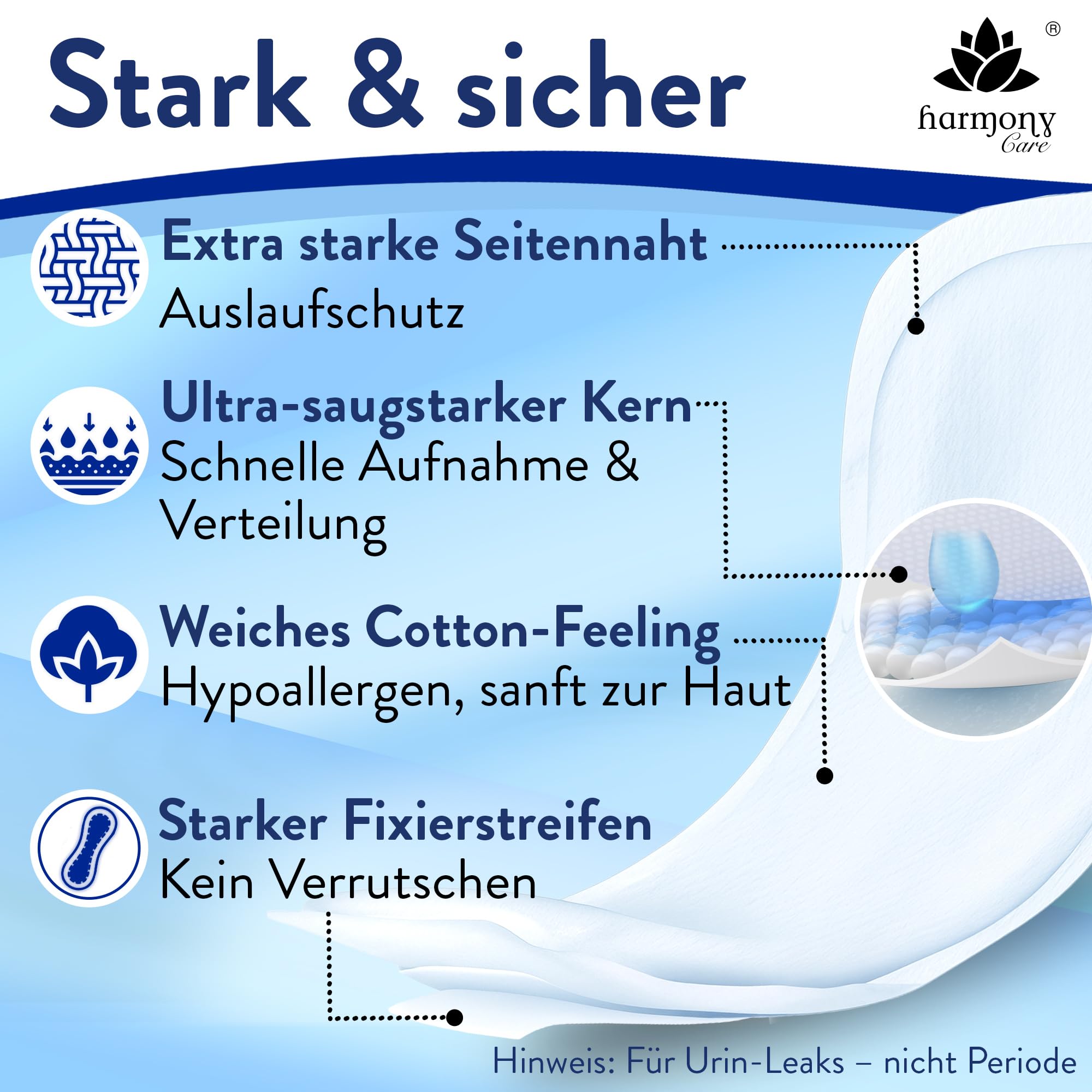Harmony Care® Lady MAXI Inkontinenzeinlagen für Damen extra stark – saugstarke Inkontinenz Einlagen bei mittlere bis starker Blasenschwäche - auslaufsichere Hygieneeinlagen für die Nacht, 28 Stück
