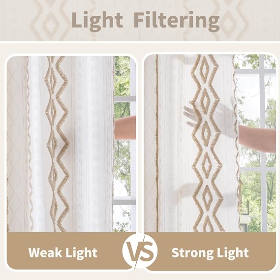 Boho Linen Curtains for Living Room 84 Inches Long Jacquard Geometric Drape