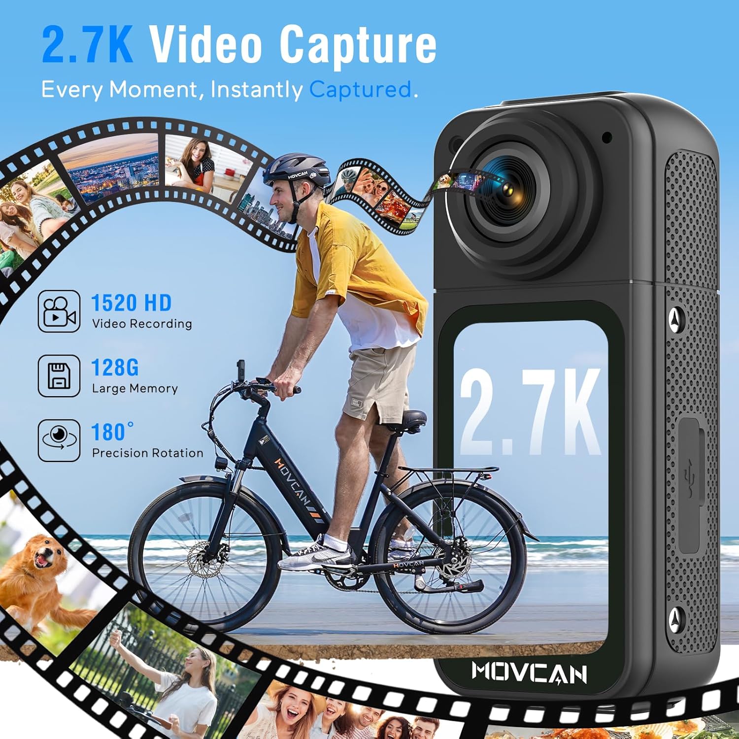 Movcan S70 Body Camera with Audio and Video Recording, HD 1520P Body Cam with 180° Rotating Lens, Thumb Size Hands Free Recording Body Worn Camera, Portable Camcorder for Work (128GB, Black)