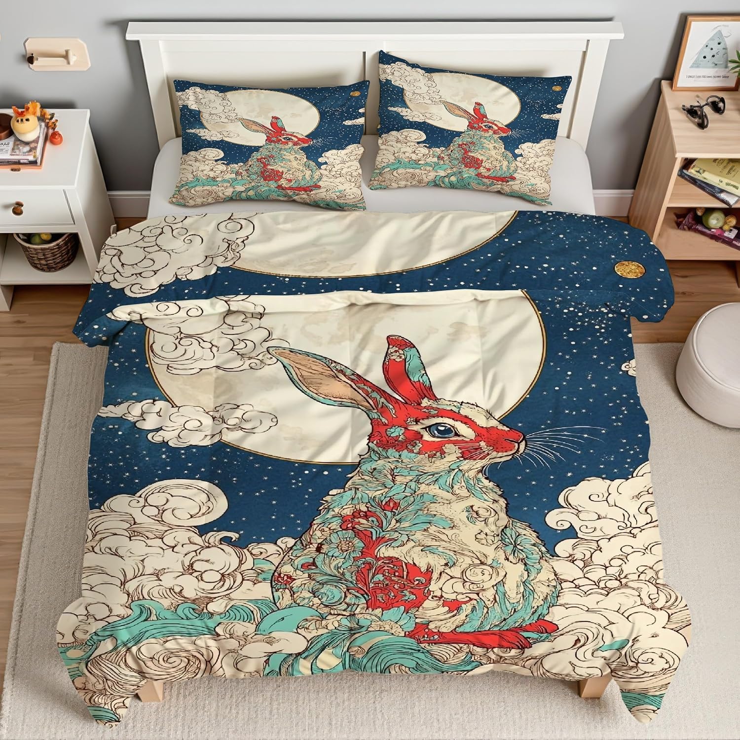 Housse de couette en microfibre douce 220x240 imprimé lune et lapin haute durabilité
