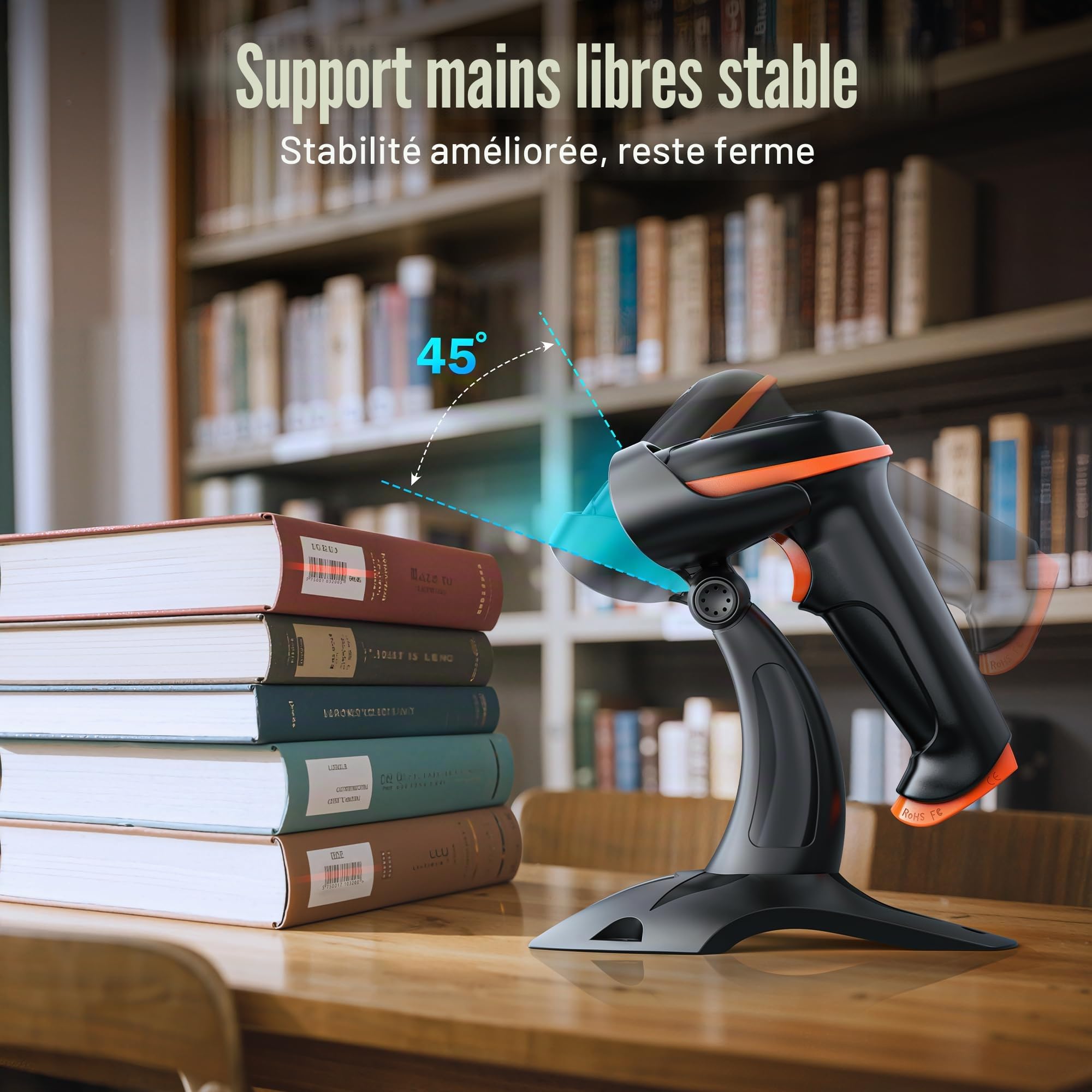 Tera 300,000 Pixel Lecteur de Code à Barre sans Fil 1D/2D USB Douchette Scanner de QR Code Main Libre pour Smartphone Mobile Paiement d'Écran avec Support, D5100-Z