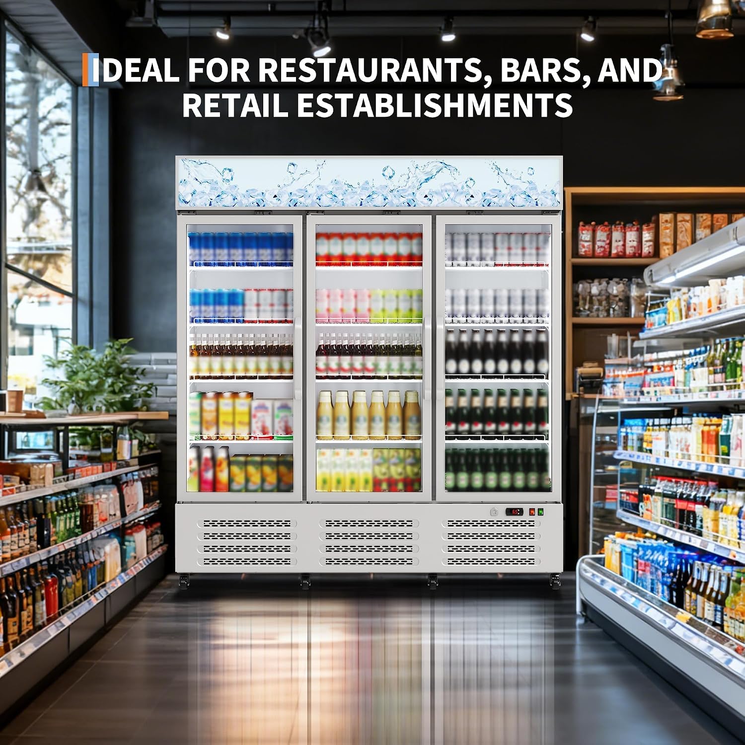 Commercial Beverage Refrigerator 3 Glass Door Display Refrigerator, 39 Cu.ft Upright Merchandiser Cooler with 360° Circulation Cooling, Adjustable Shelves, LED Lighting, for Restaurant Cafe Bar, 110V