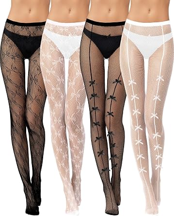 4 Pairs Tights Fishnet Stockings Floral Pantyhose Stockings Leggings Lace Tights for Women Girls Halloween