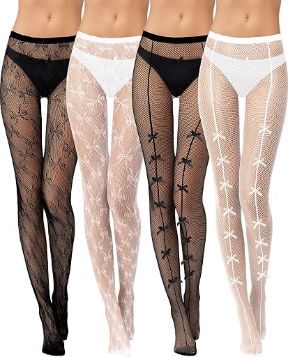 BOARDFEB 4 Pairs Tights Fishnet Stockings Floral Pantyhose Stockings Leggings Lace Tights for Women Girls Halloween