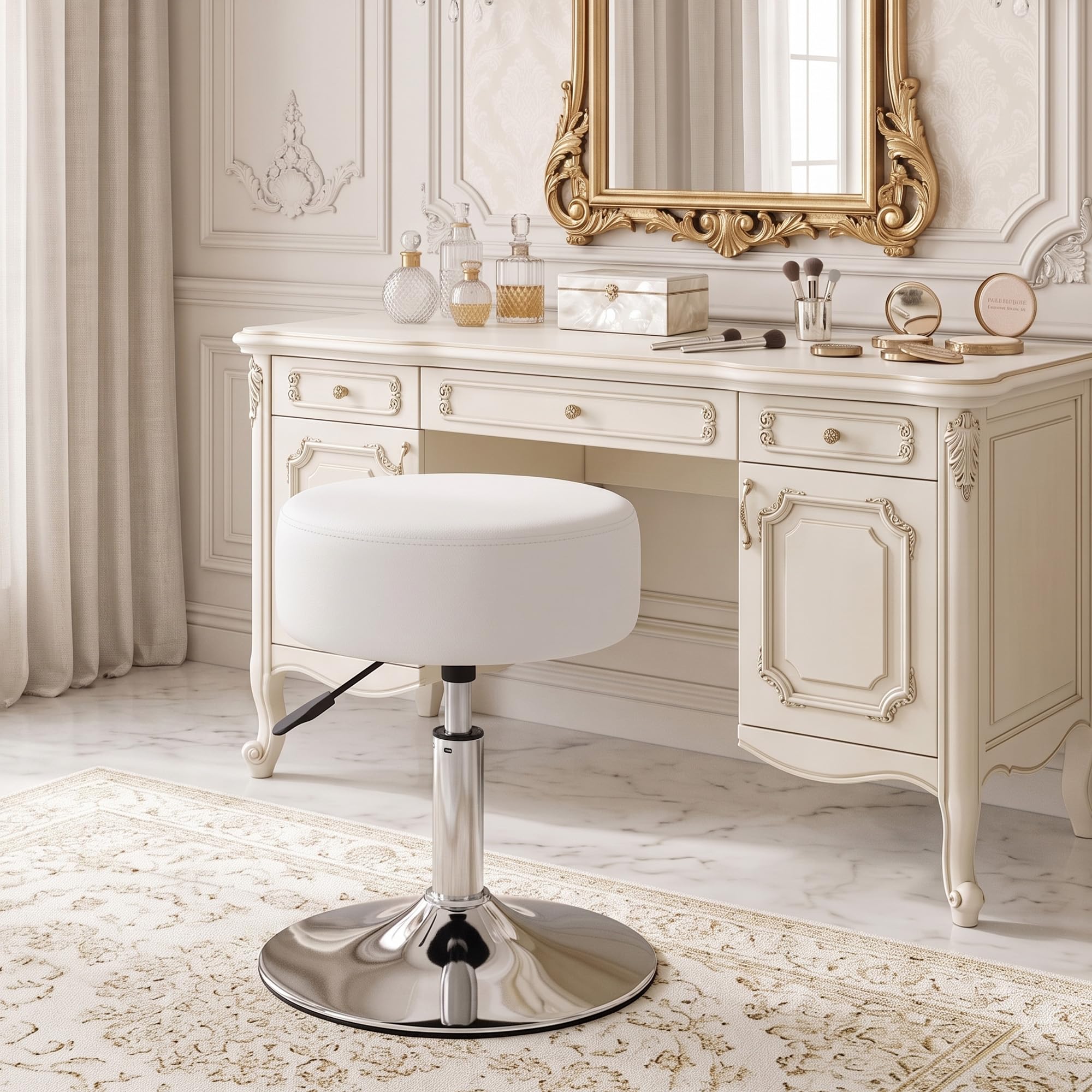 Duhome Taburete Tocador Maquillaje Altura Regulable, Silla Tocador Terciopelo, Taburete Bar Giratorio, Taburete de Peluquería, Dormitorio, Escritorio, Cocina (Blanco)
