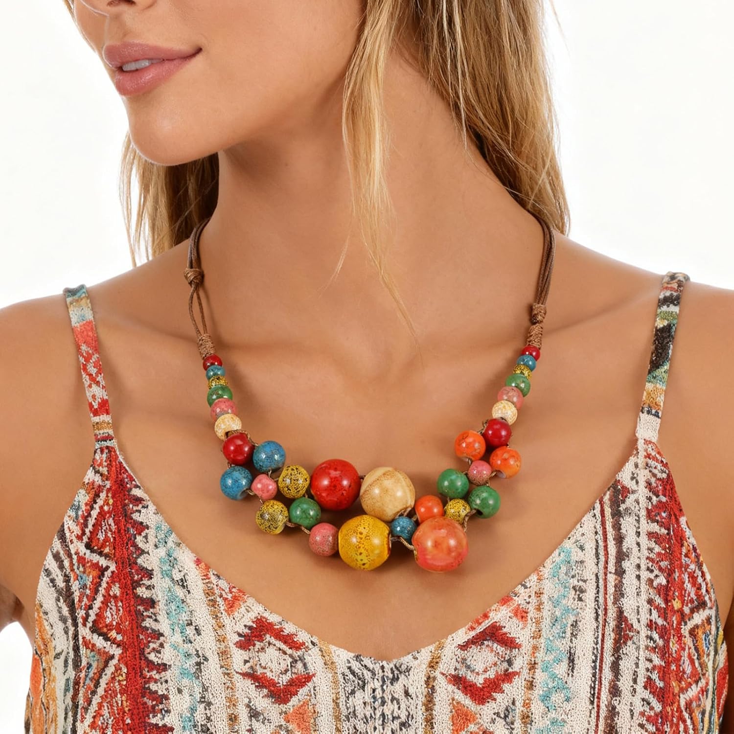 Ceramic Beaded Necklace for Women, Boho Beaded Necklace Statement Jewelry Y2K Hippie Beads Strand Necklaces for Women