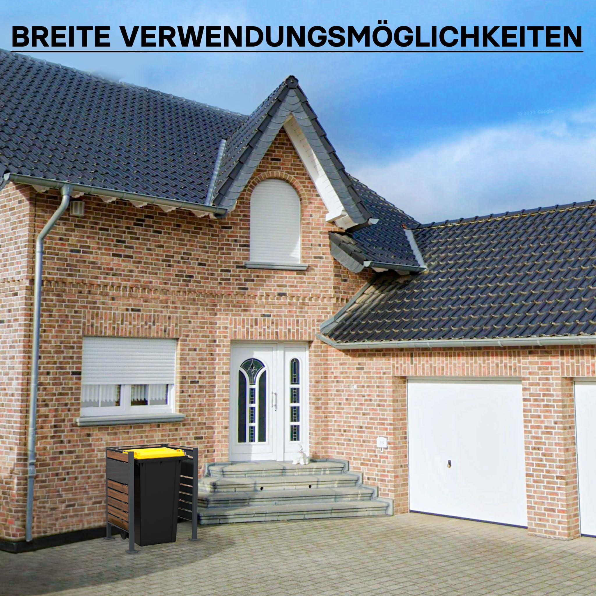 Wiltec Mülltonnenzaun aus Stahl in Holzoptik, Mülltonnenverkleidung für eine Tonne 60-240l, Mülltonnenbox, Sichtschutzzaun