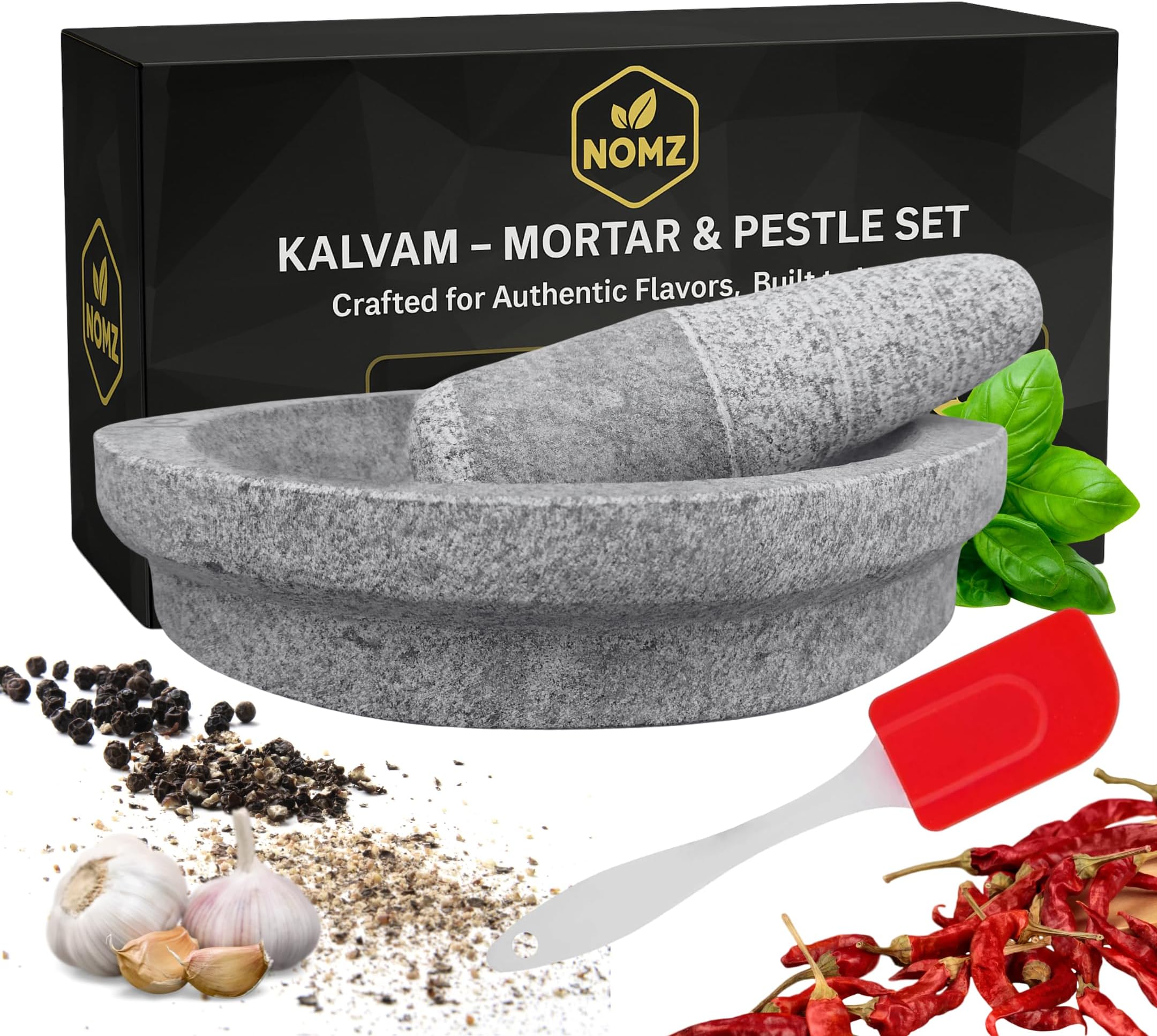 NOMZ Stone Mortar and Pestle Set (Kalvam) 10 Inch Boat Shape, 4.8 Kg, 2 Cup | Handmade Silbatta for Chutney and Masala | Heavy Duty Khalbatta with Anti-Skid Base