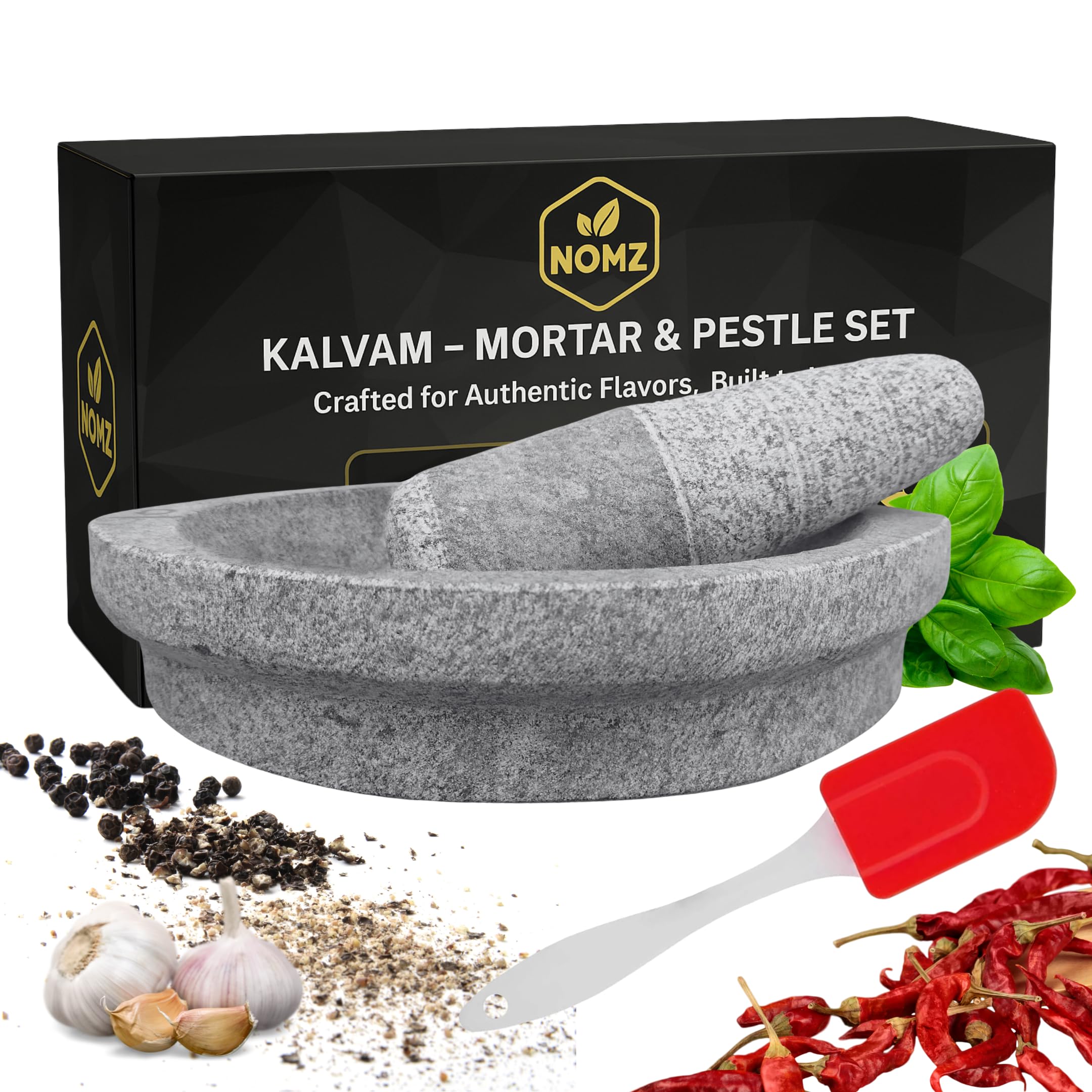 NOMZ Stone Mortar and Pestle Set (Kalvam) 10 Inch Boat Shape, 4.8 Kg, 2 Cup | Handmade Silbatta for Chutney and Masala | Heavy Duty Khalbatta with Anti-Skid Base