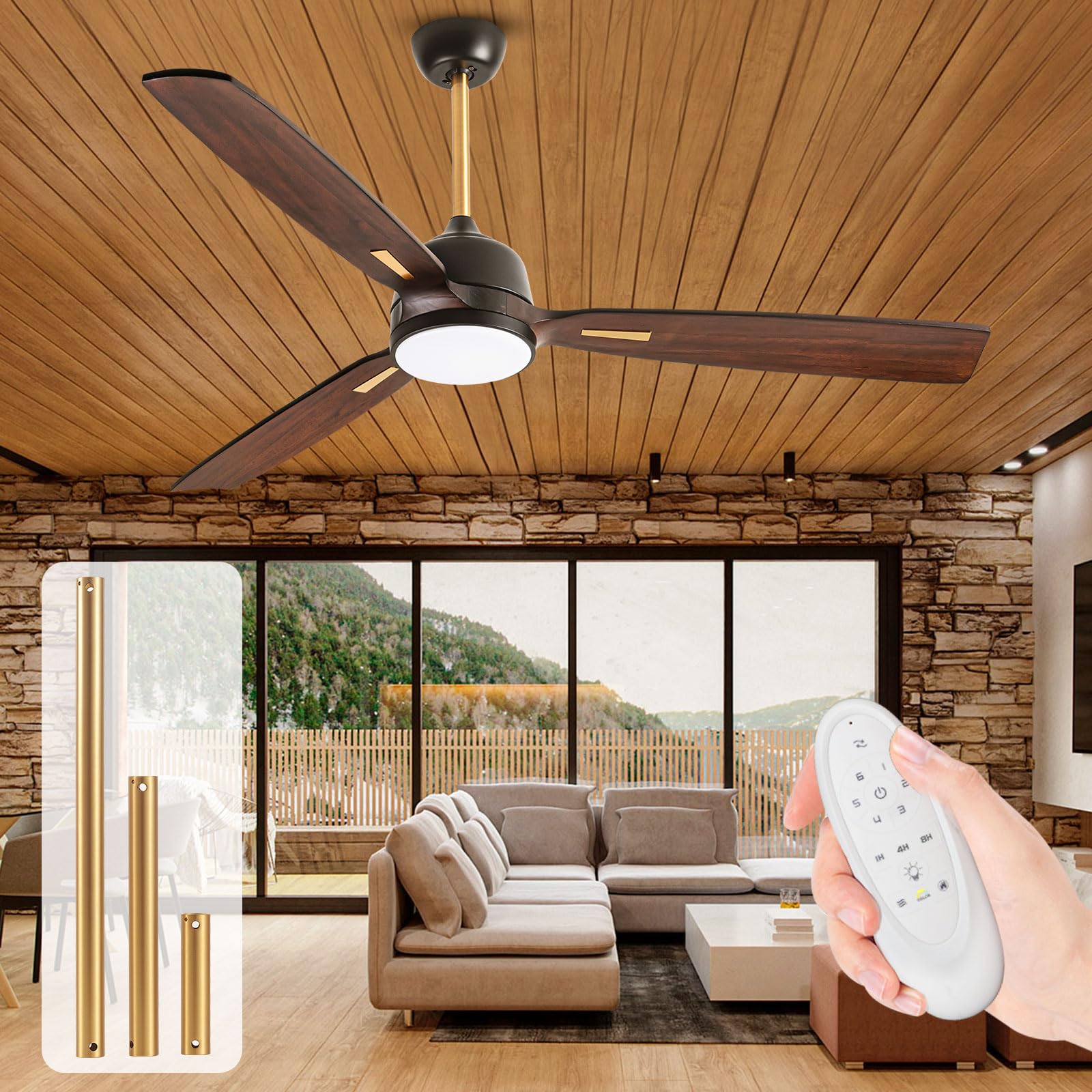 WANGOFUNWood Ceiling Fan with Lights and Remote, 60" Outdoor Ceiling Fan for Patios, Large Airflow Reversible DC Ceiling Fans for Bedroom House Farmhouse