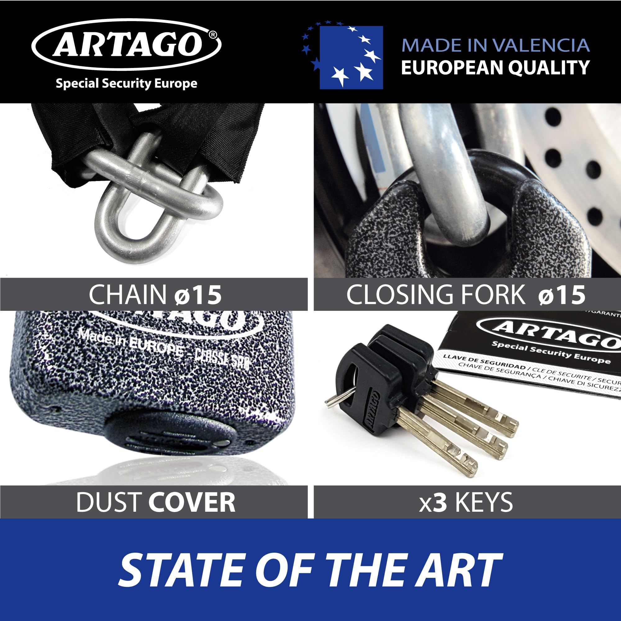Artago 68T120 Chaine Antivol Moto Lourde de Sécurité Maximale, Homologué Sold Secure, ø15 120cm, BUNKER SELECTION, Cadenas Monobloc en Acier Forgé, Chaine Antivol Cémentée pour Moto Parking