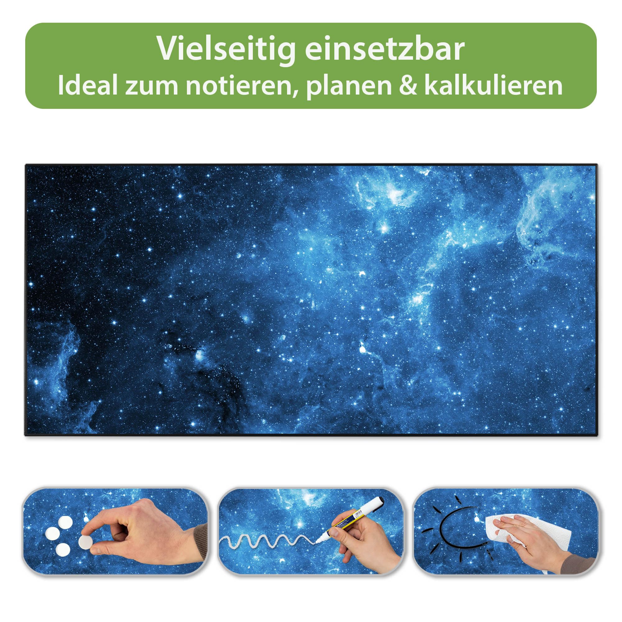 banjado Magnettafel Metall 78 x 37cm - beschreibbare Magnettafel - Metall Pinnwand als Memoboard - Magnetwand Küche, Büro, Kinderzimmer Schwarz inkl. 4 Magnete & Montageset - Motiv Universum