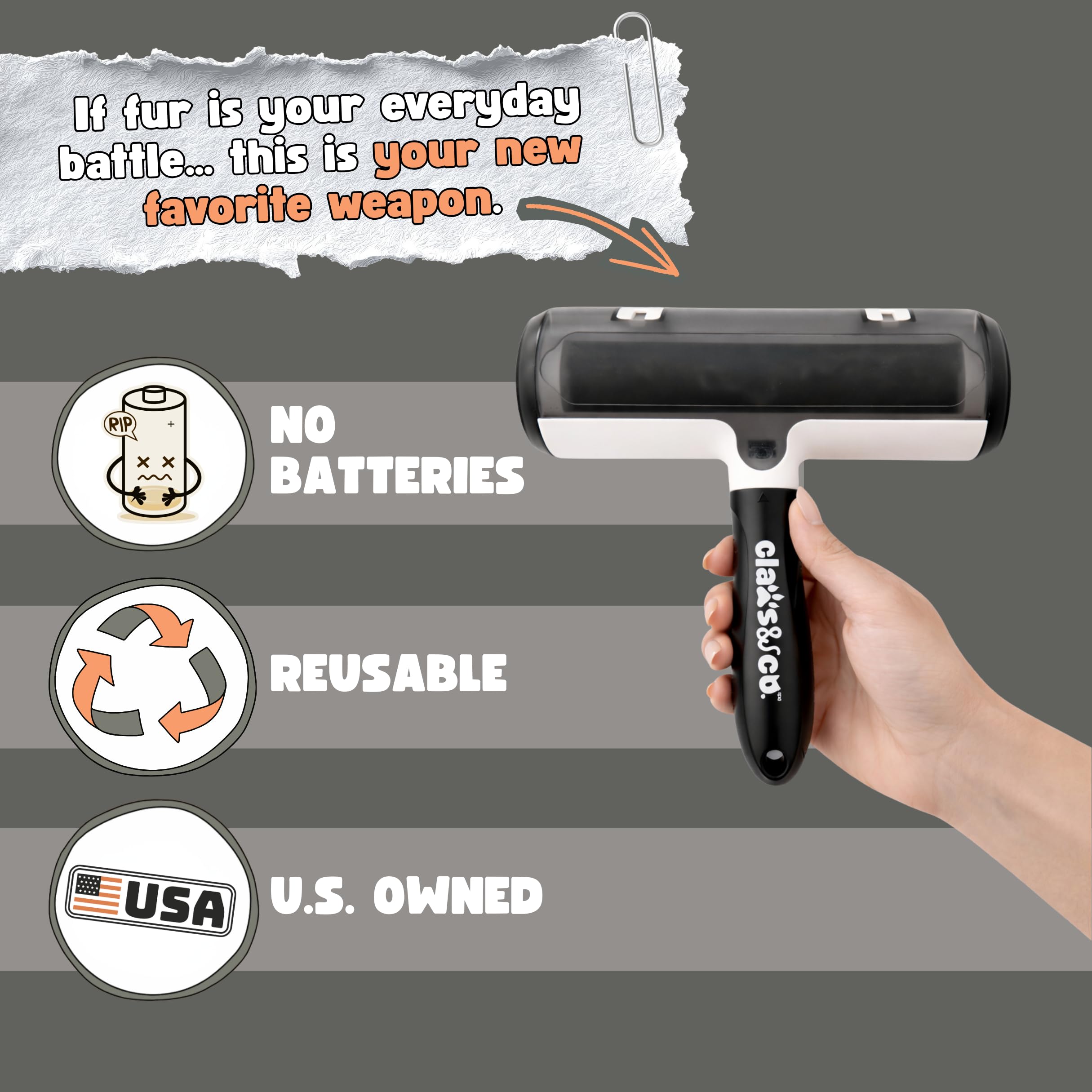 Claws & Co. Rodillo removedor de pelo de mascotas, limpiador ultrarrápido de pelo de perros y gatos para muebles, ropa y asientos de coche, reutilizable, sin hojas adhesivas ni baterías, elimina