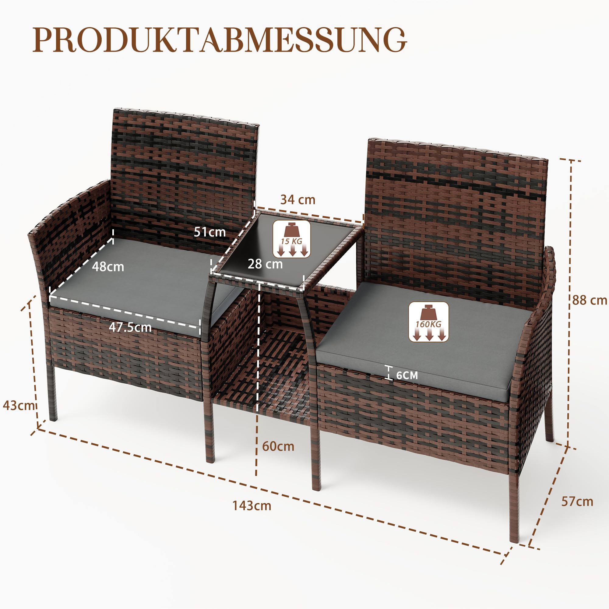 Amopatio Polyrattan Gartenbank, Outdoor Sitzbank mit Tisch & Ablage, Gartenmöbel Rattan Gartensofa, Wetterfest & UV-beständig Balkonbank Sitzgruppe für Garten, Balkon, Braun