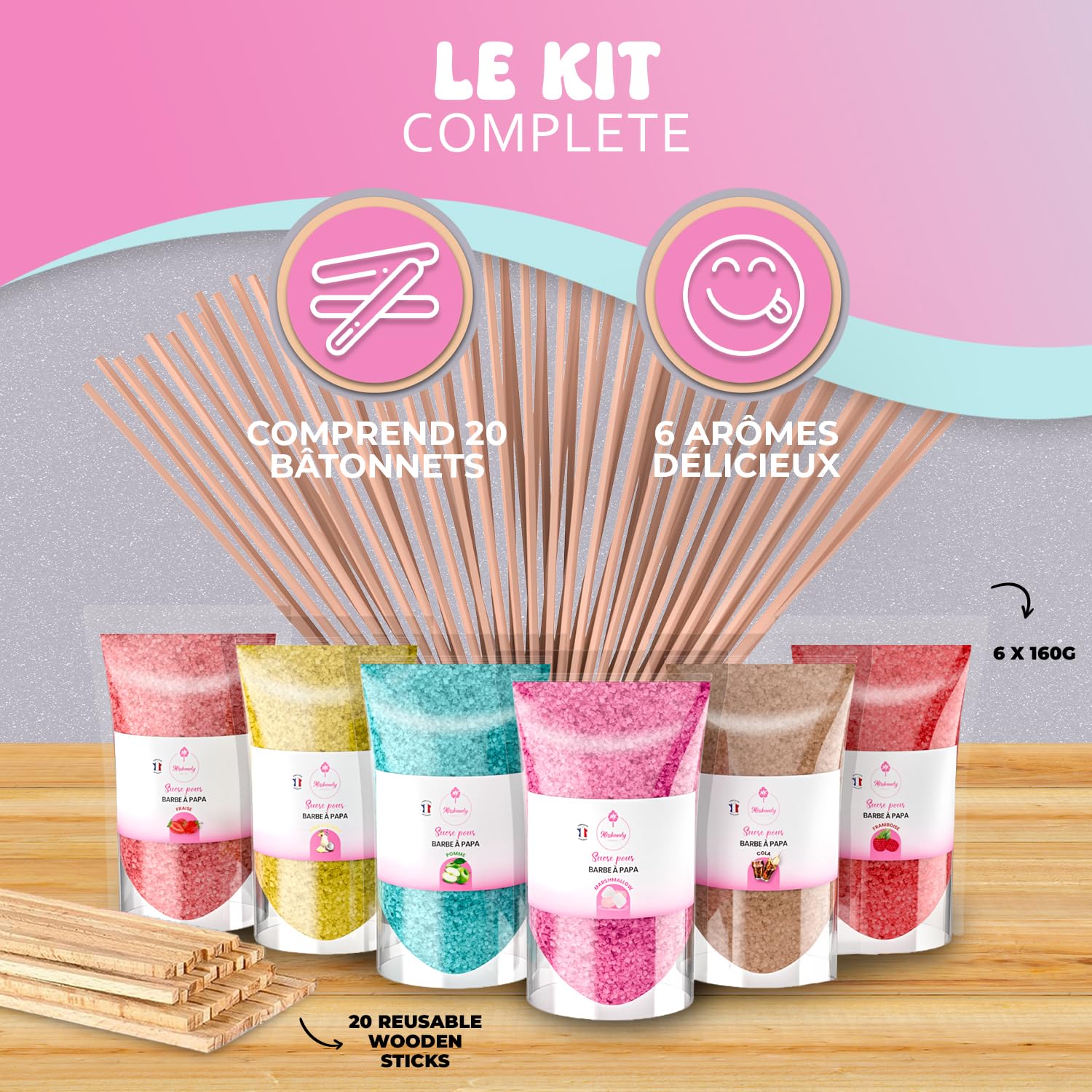 Misskandy®-Sucre Barbe à Papa pour machine lot de 6X160Gr (Arômes Naturels) Fraise- Pina colada- Cola-Pomme-Marshmallow-Framboise/poudre barbapapa+ 20 Bâtonnets Réutilisables (Offerts)