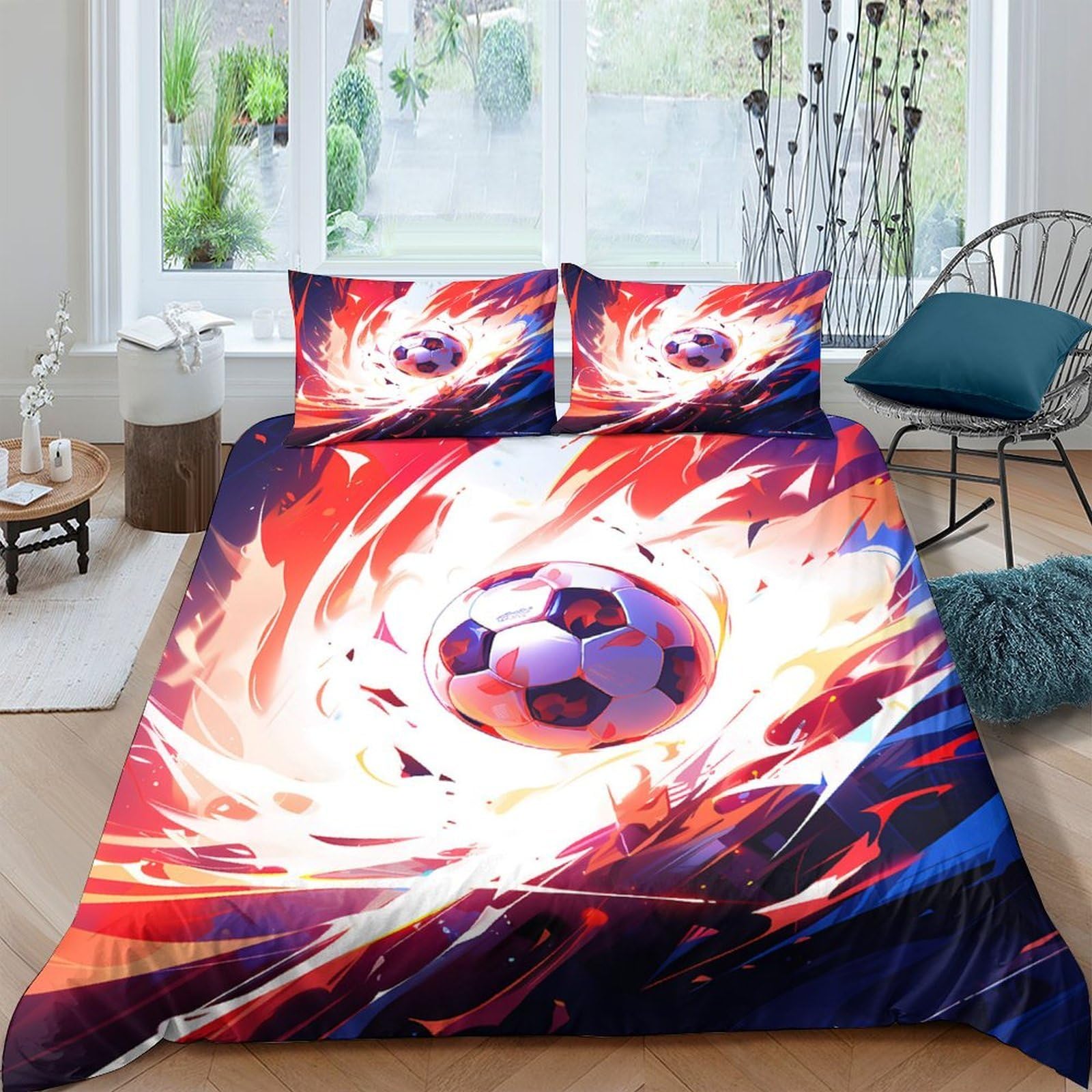 Ctjqhvkz Style-8 3D Printed Fiery Football Fitted Sheet Microfiber Soft Red Blue Splash Soccer Bed Cover For Bedroom Guestroom Decor Single（135X200cm）