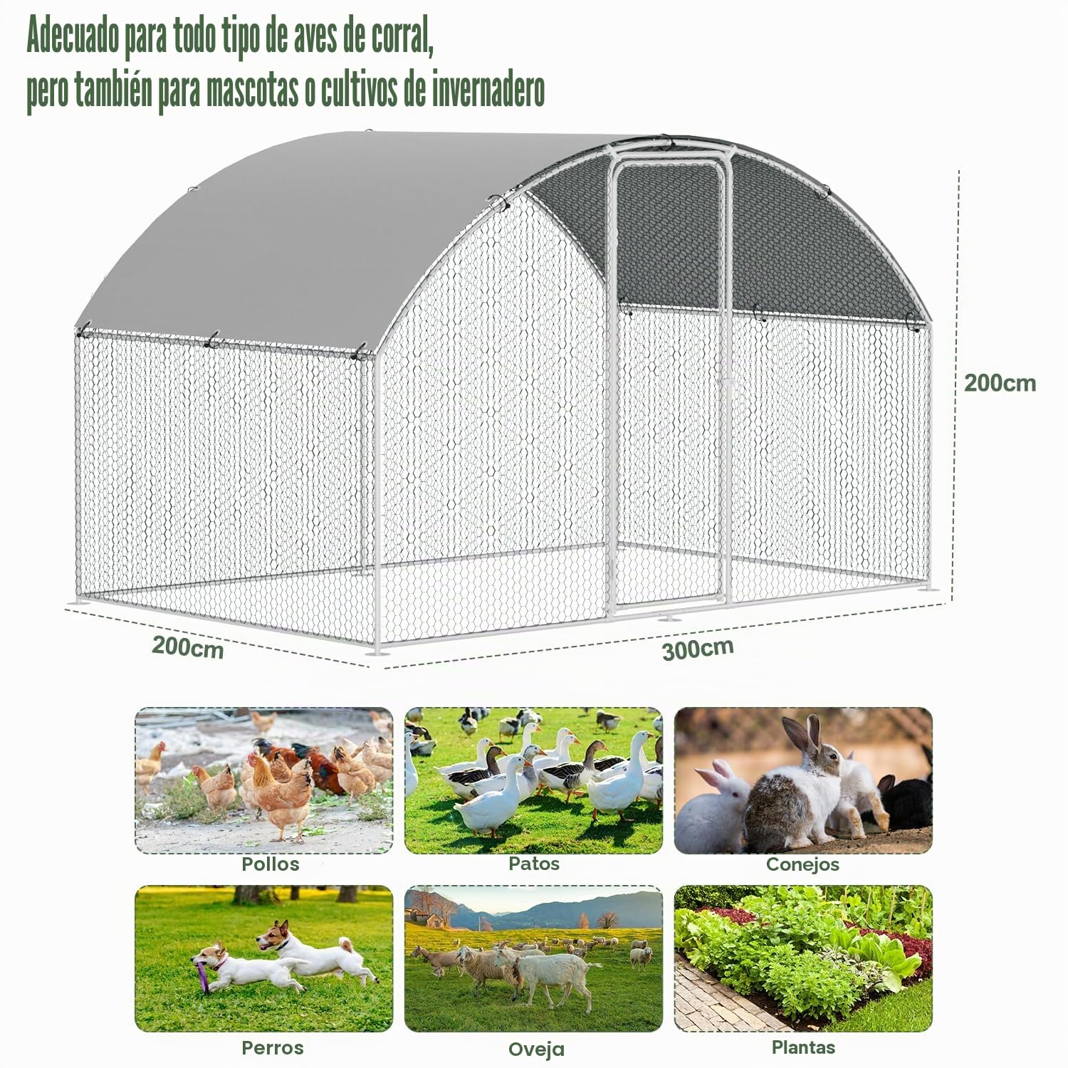 Gallinero con cercado para exterior de acero galvanizado, 3 x 2 x 2 m, gallinero exterior con techo abovedado con cerradura y tela impermeable de PE, para gallinero, jaula para pájaros