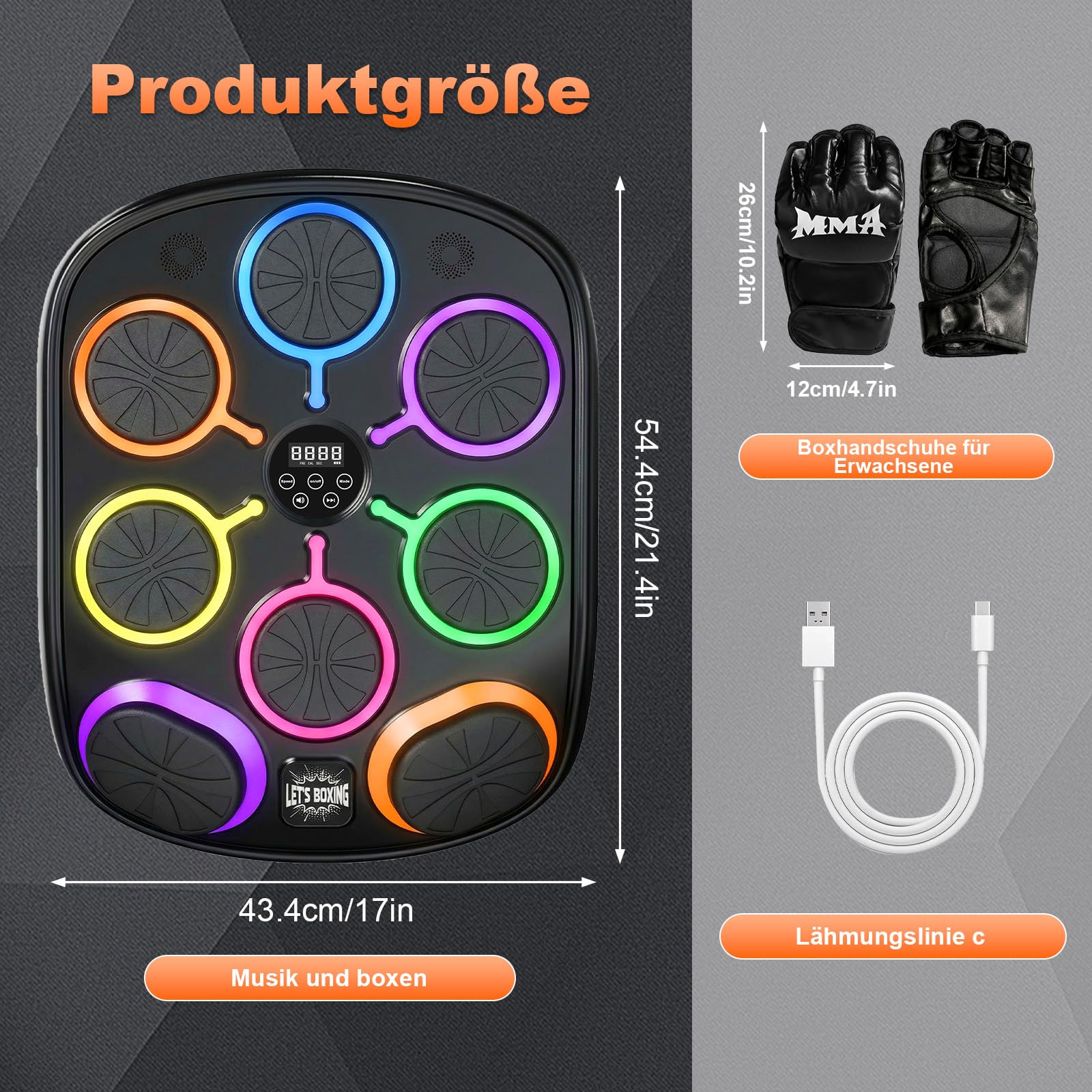 Musikboxmaschine mit Handschuhen, Wandmontage Smart Punching Target mit Bluetooth, 9 Musik-/Lichtmodi, Kalorienzähler, hochschlagfester PU-Schaum für Heim-Fitnesstraining