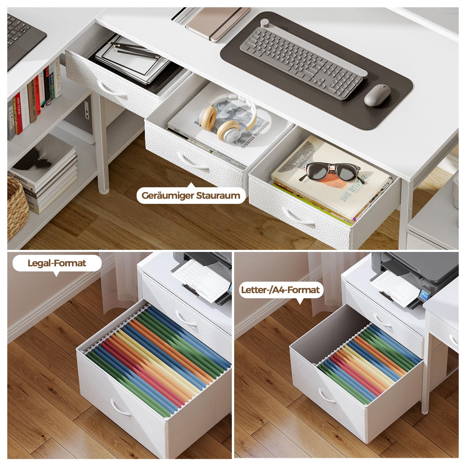 Seventable Schreibtisch L Form, Computertisch mit Steckdose, LED & Monitorständer, Reversibel Eckschreibtisch mit Schubladen, perfekt für Schlafzimmer Büro Wohnzimmer, Weiß