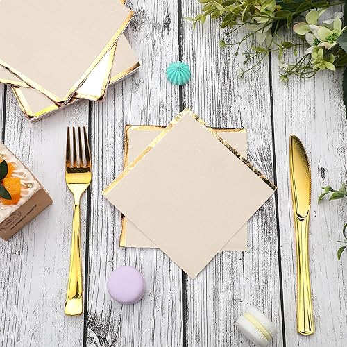 Miniatura 5 de Fulmoon Paquete de 100 servilletas de cóctel de 2 capas de papel dorado con borde de lámina dorada para bebidas, postre, servilletas de papel