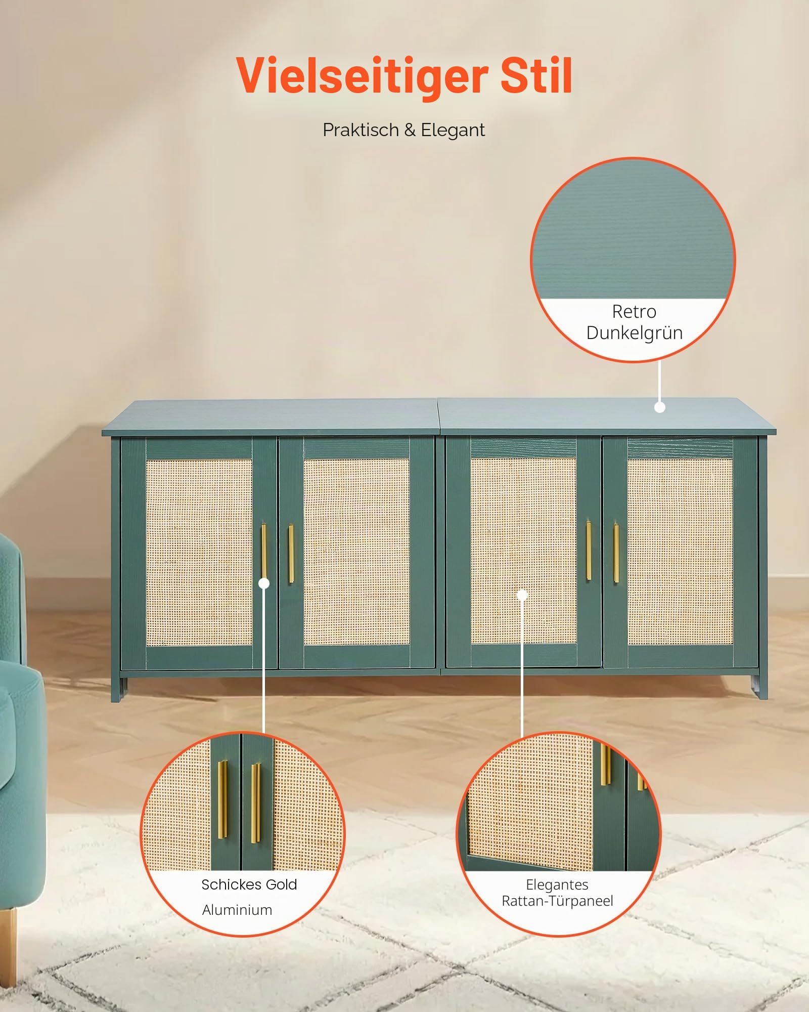 VEVOR Katzenschrank, 1200x450x500 mm, Katzentoilette mit 4 Rattantüren & 2 Eingängen, Katzenklo Schrank für den Innenbereich, Katzenhaus passend für die meisten Katzentoiletten, grün