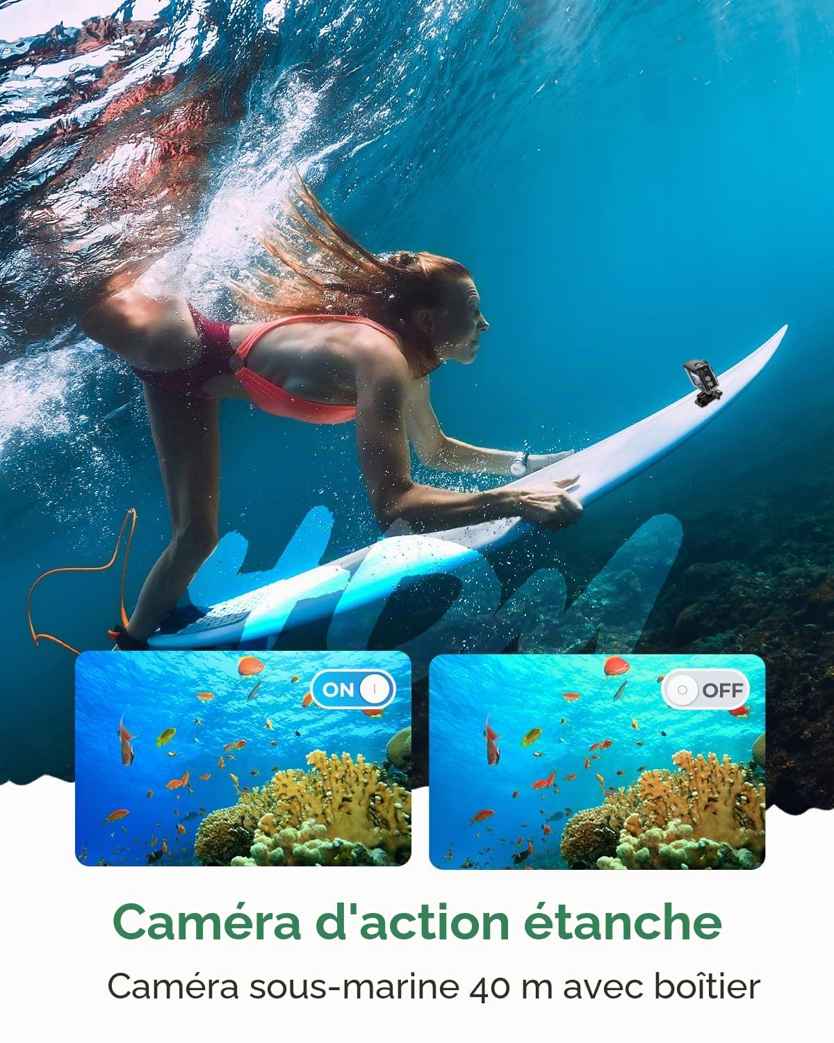 Caméra Sport 4K 60 FPS avec MicroSD 64 GB, 48MP WiFi Action Caméra 170 ° Sportive Caméra sous-Marine 40M avec Télécommande, Microphone Externe, 2 X1350mAh Batteries et Chargeur