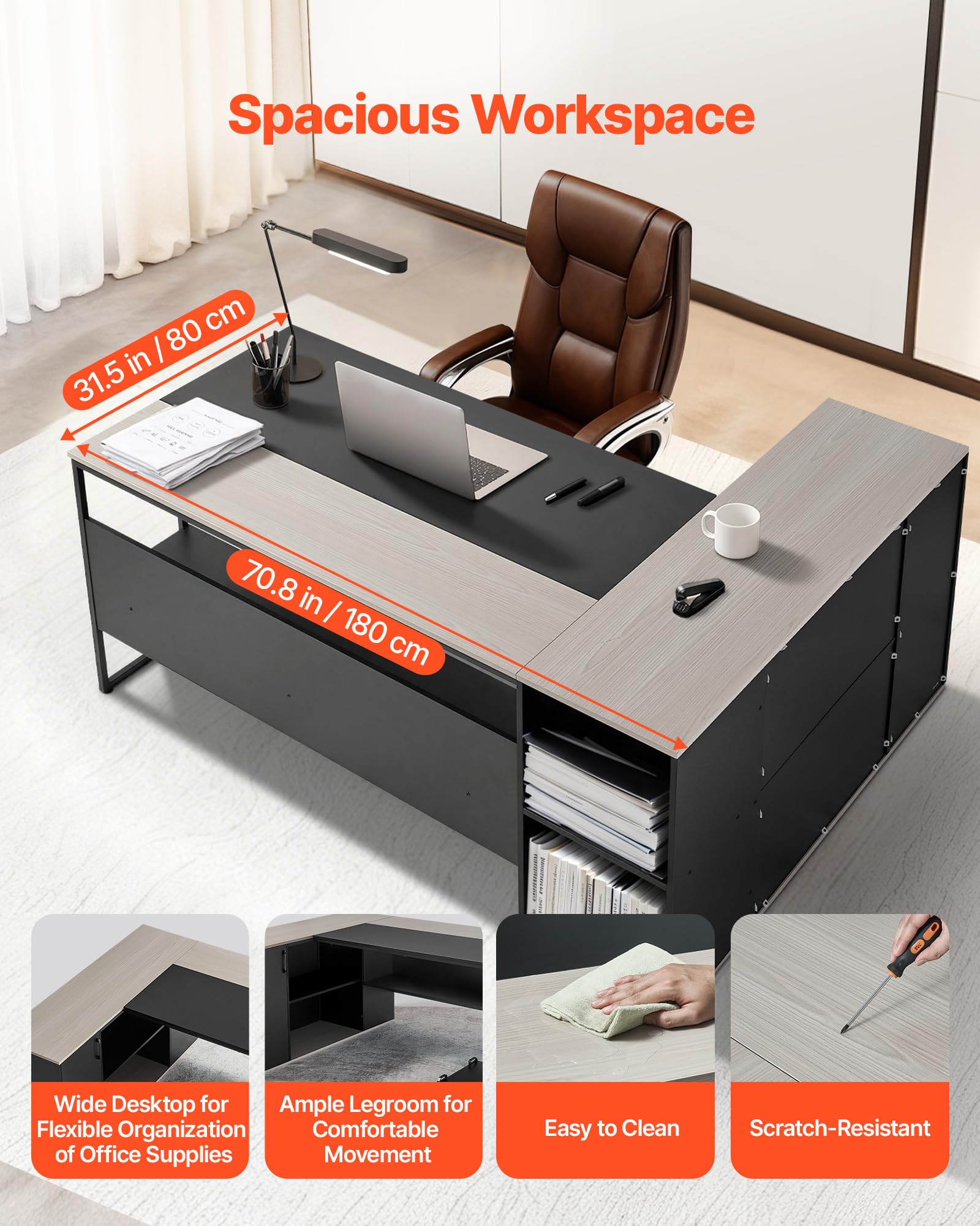 VEVOR Scrivania Direzionale a L, Ampia Scrivania in Legno Moderna per Ufficio con Cassetti, Mobiletto Portaoggetti e Supporto per CPU, Capacità di Carico di 158,7 kg, per Computer per Lavoro, Studio