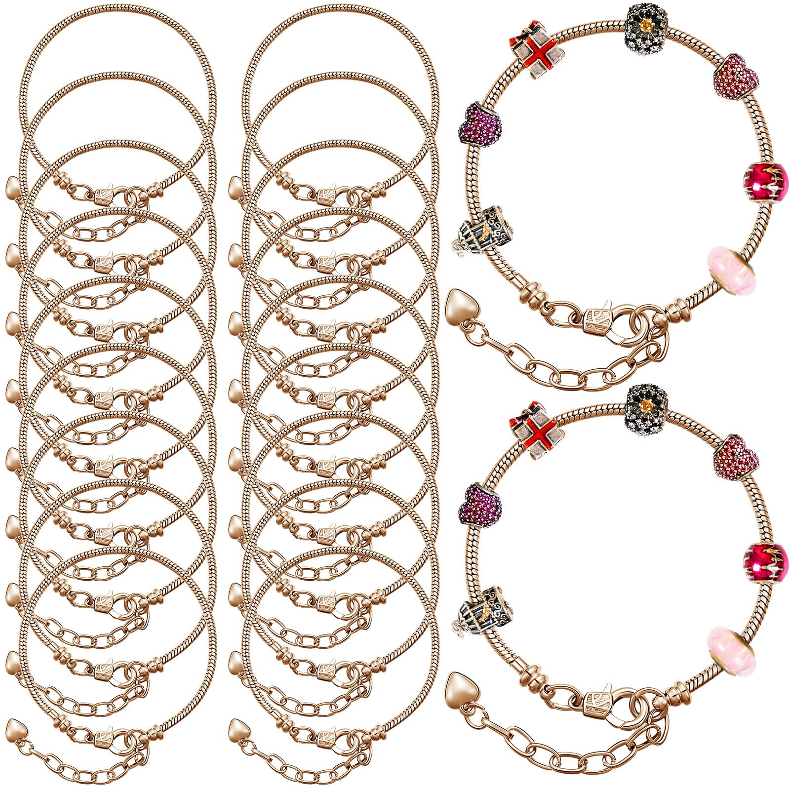 Hicarer 20 Pcs Chain Bracelet for Jewelry Making Women DIY Adjustable Snake Charm Bracelet with Heart Shape Extender Chain(Gold)