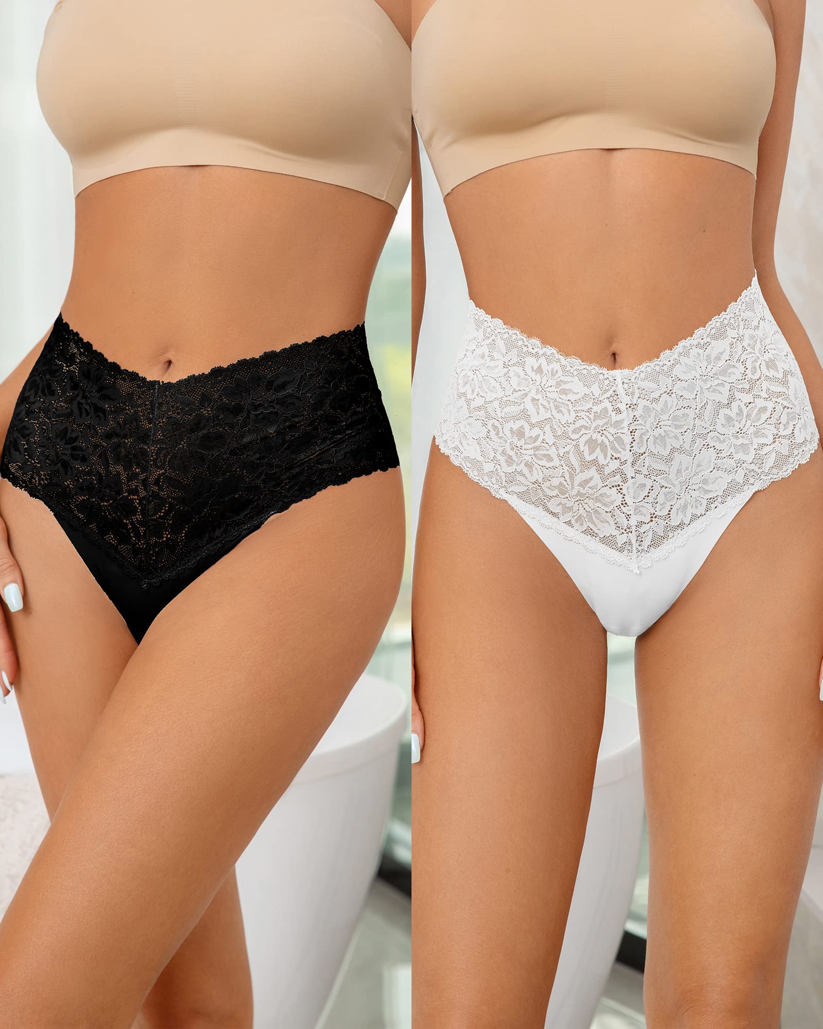 SHARICCA Women Seamless High Waist Underwear Sexy Floral Lace Thong Soft Comfortable Panties Pack: Large 2black 2white 1skin