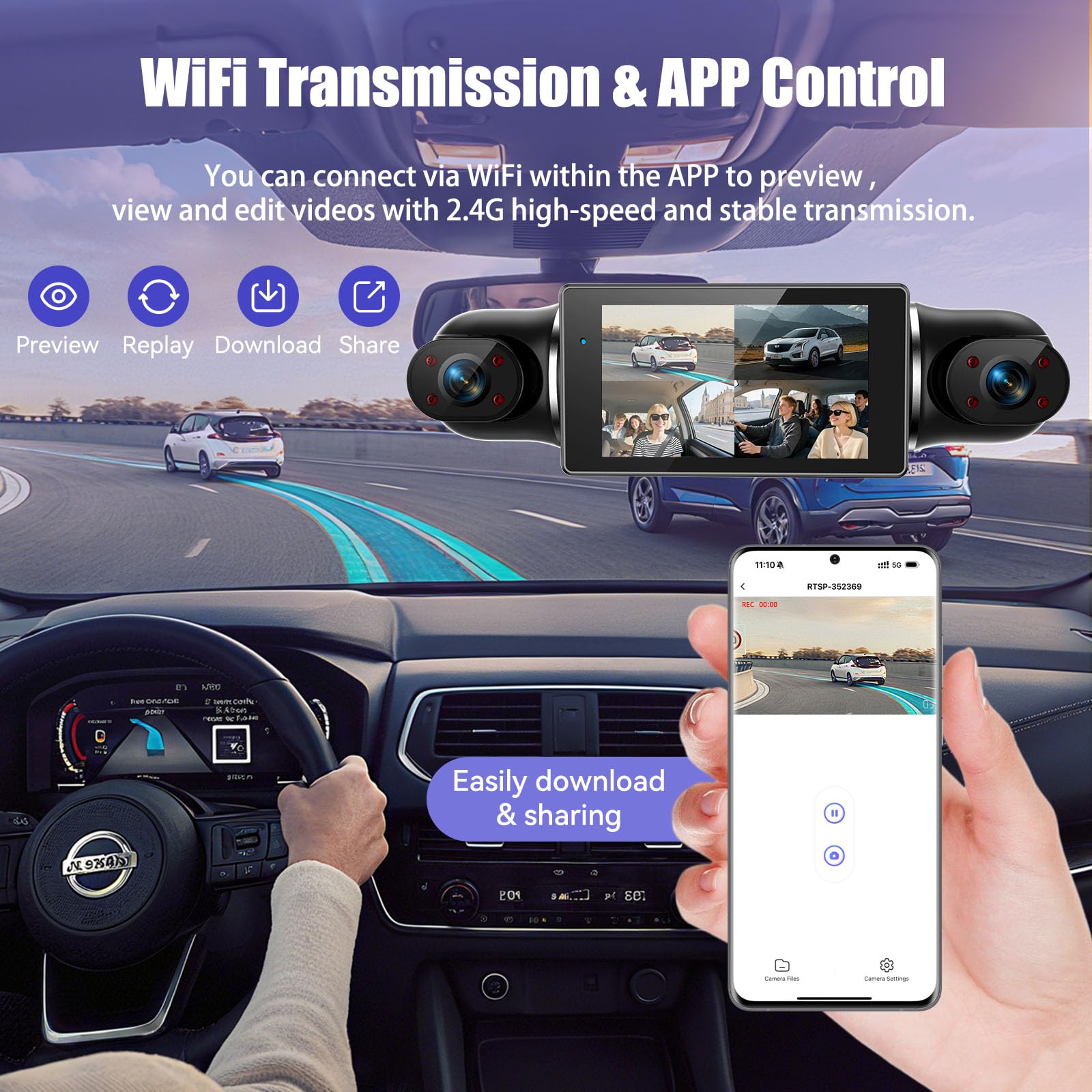 4K Dashcam Auto vorne hinten 4 Kanal mit 3" IPS-Bildschirm, 64-GB-Karte, Parküberwachung, WDR-Nachtsicht, G-Sensor, Loop-Aufnahme