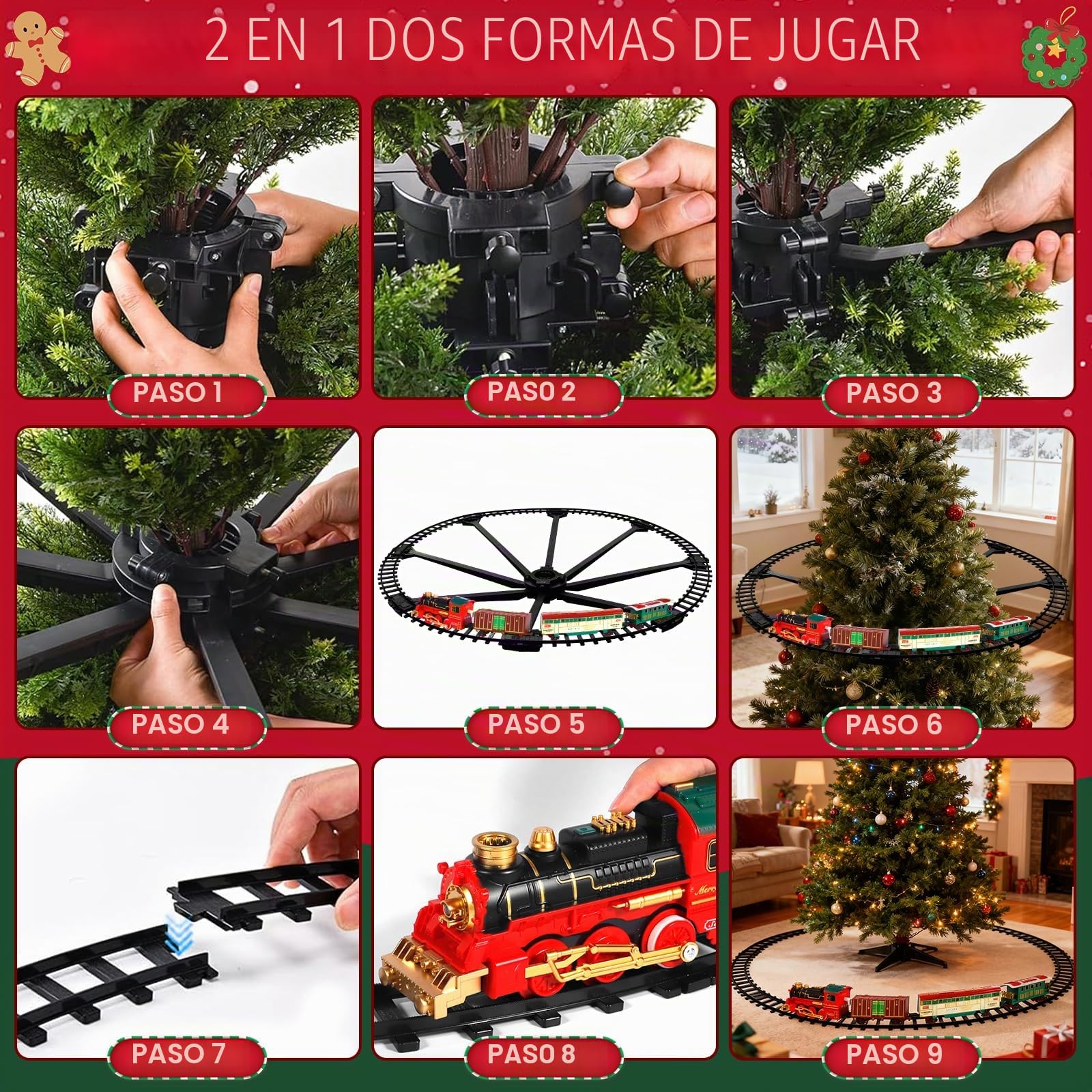 Tren Juguete para Niños, Tren de Navidad Eléctrico de Vapor con Spray, Luces y Sonido, Decorar Árbol de Navidad, Regalos para Niños y Niñas Mayores de 3 4 5 6 7 8 Años