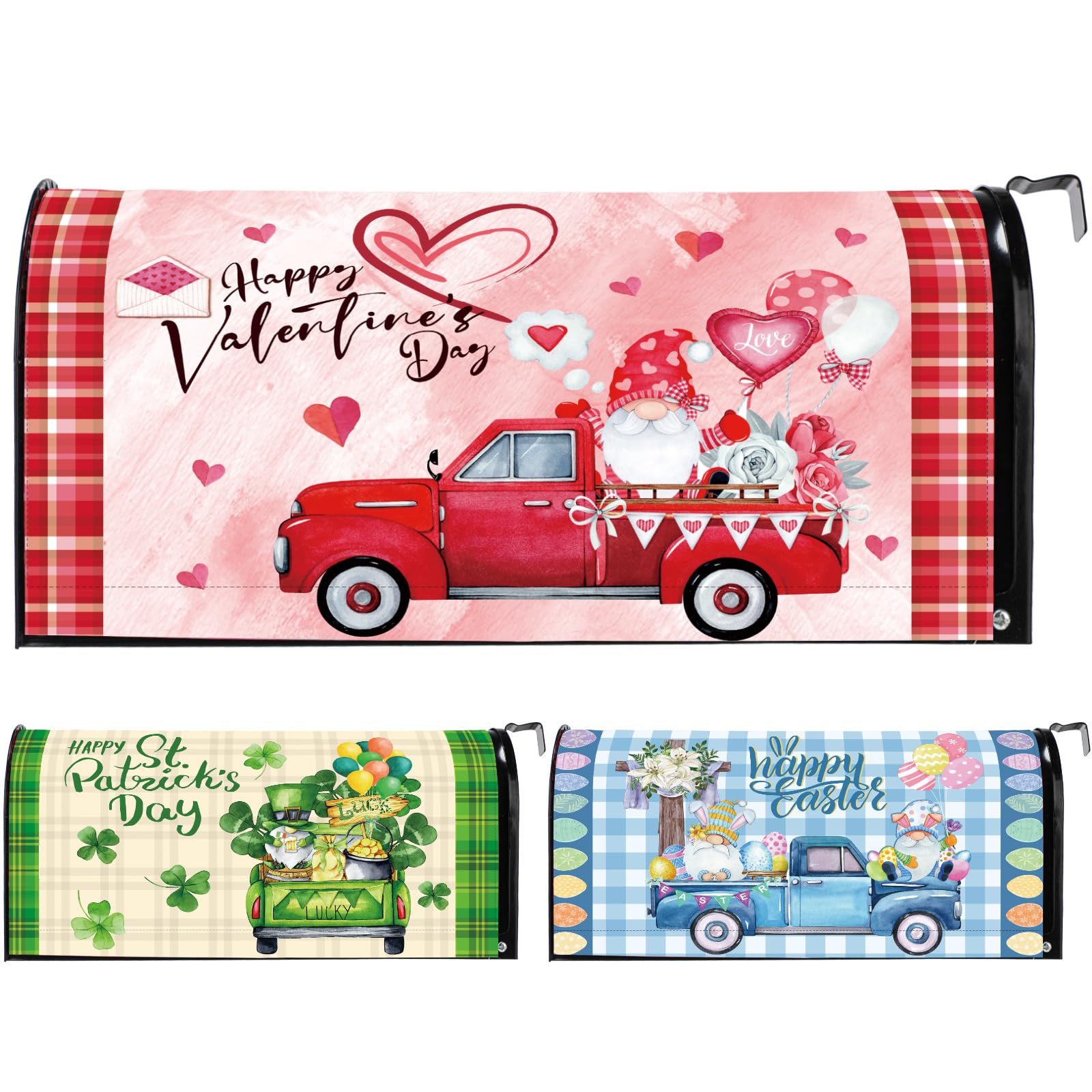 3 Pcs Valentine's Day St. Patrick's Day Easter Mailbox Covers Standard Size 21 x 18 Inch Holiday Gnomes Magnetic Mailbox Covers Mailbox Wraps Post Letter Box Cover for Outdoor Garden Yard Decor