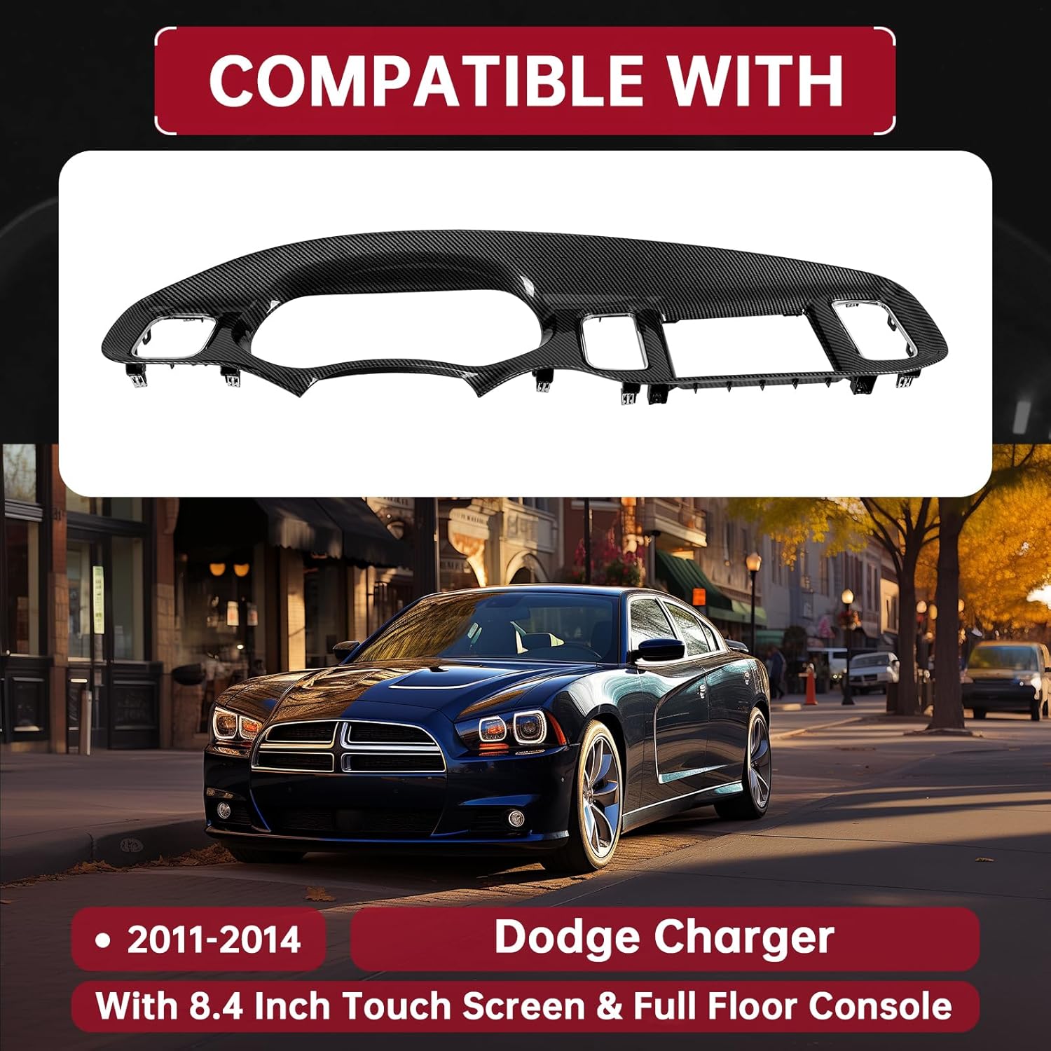 HECASA Center Console Dashboard Cover Compatible with 2011-2014 Dodge Charger with 8.4 Inch Touch Screen & Full Floor Instrument Panel Cluster Bezel Carbon Fiber Painted