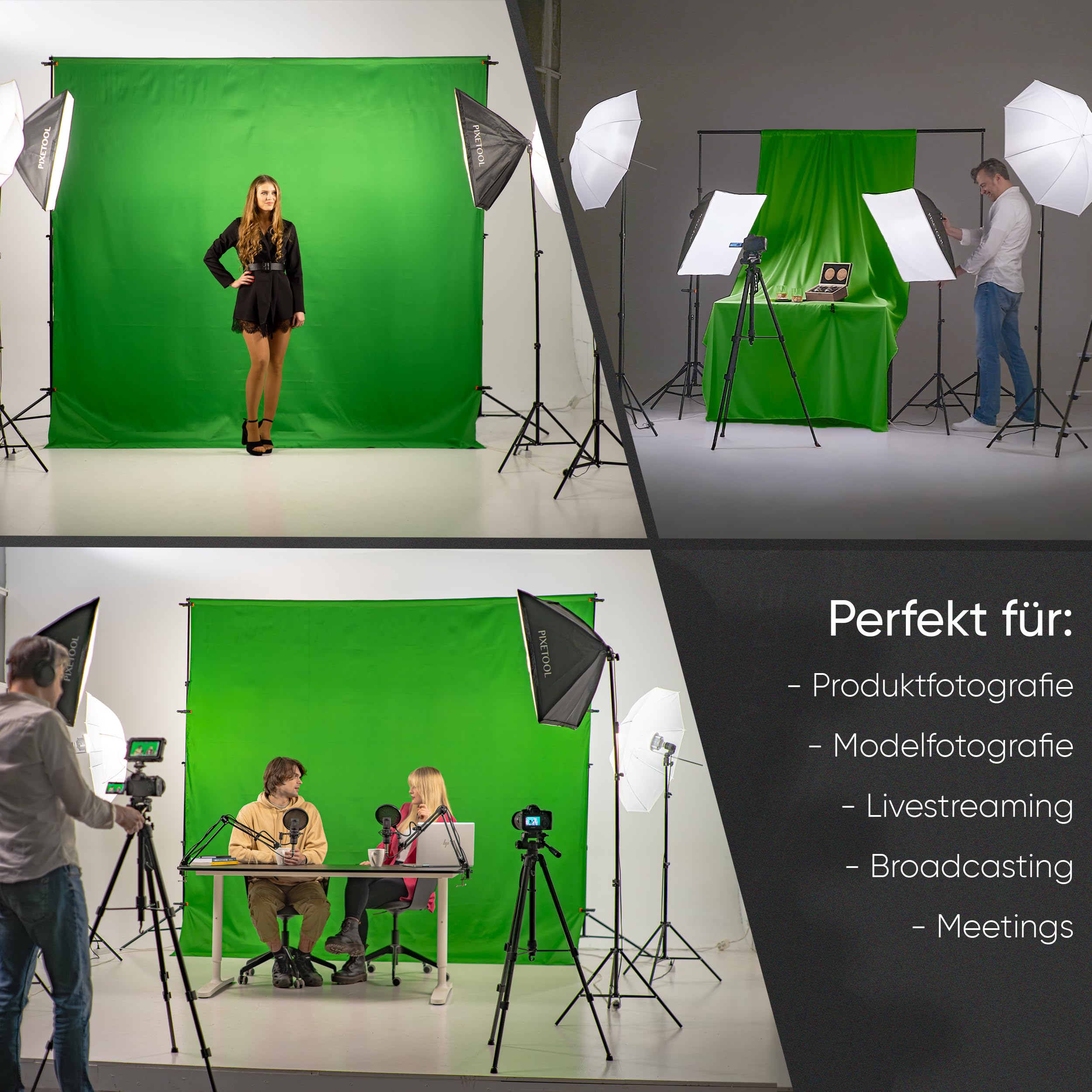 Greenscreen (3m x 3m) mit Ständer (3m x 2,6m) - Green Screen | Fotohintergrund - Fotostudio Set - Hintergrund Stativ - Hintergrundstoffe - Gaming Streaming Fotografie Zubehör