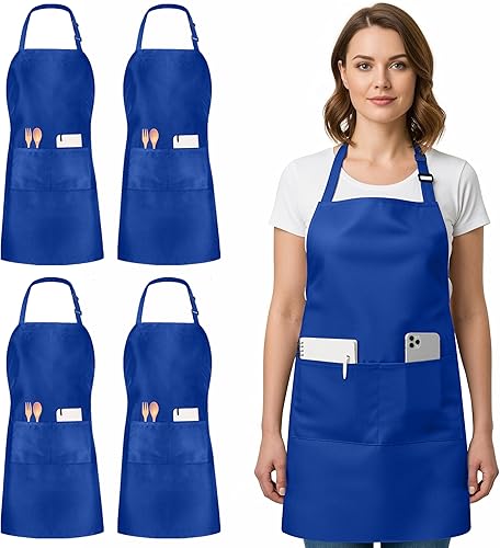 Utopia Kitchen Paquete de 4 delantales ajustables con 2 bolsillos, resistente al agua y al aceite, delantal de chef de cocina para mujeres y hombres