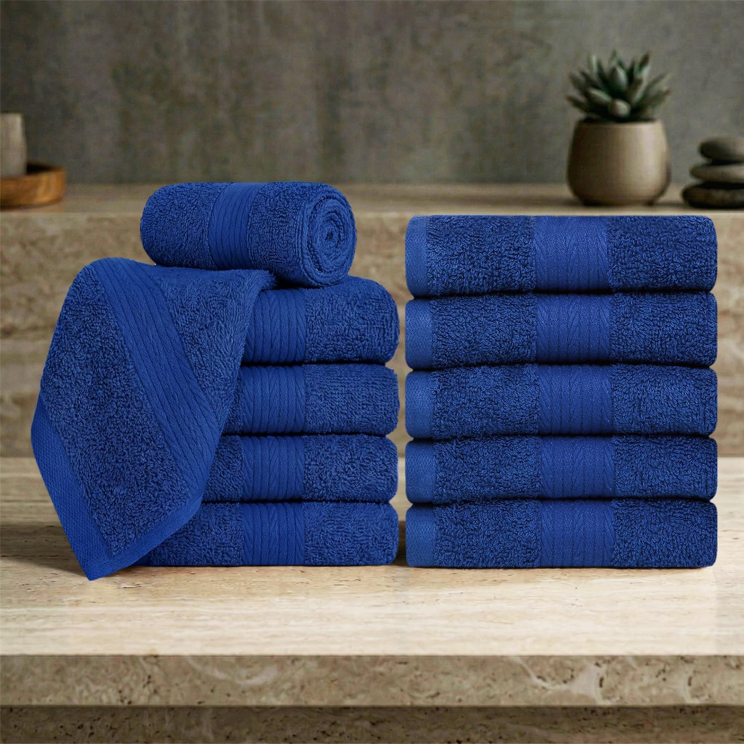 Ample Decor Wash Cloths Set of 10 12 X 12 Inch 100% Cotton 600 GSM, Soft Absorbent and Reusable Fingertip Towels, Oeko Tex Certified Ideal for Bathroom and Powder Room - Navy Blue