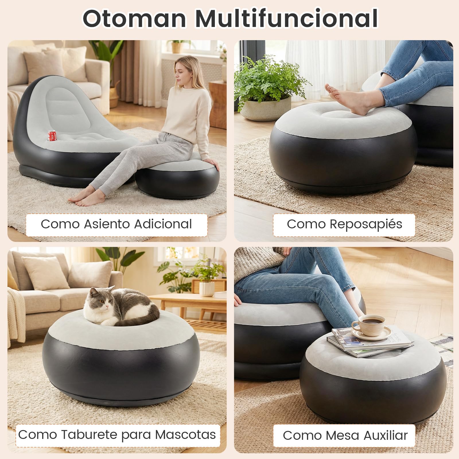 COSTWAY Sofá Hinchable con Otomana, Sofá Portátil para Adultos con Superficie Flocada, Portavasos Integrado, Silla Individual Hinchable para Exterior, Interior, Camping, Viajes, Sin Bomba