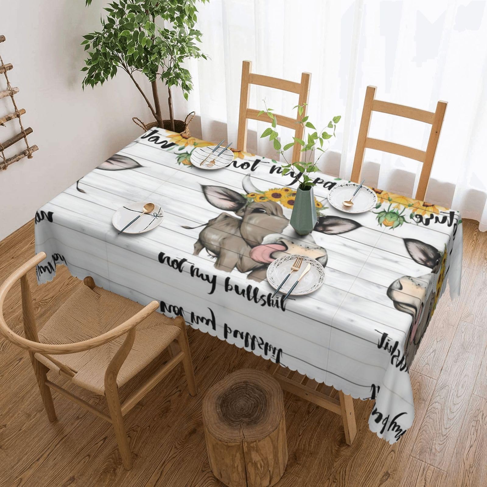 QAZWZML Cow Sunflower Farmhouse Printed tablecloth, made of thick polyester with lace trim, suitable for dining rooms, picnics, and weddings